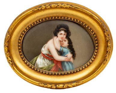 Painted Porcelain Plaque, Ca. 1900, Self-portrait With Daughter After Vigee Le Brun, H 2" W 3.5": Painted Porcelain Plaque, Ca. 1900, Self-portrait With Daughter After Vigee Le Brun, H 2" W 3.5" | The composition is painted after 18th to 19th century French Parisian artist, Elisabeth Vigee Le Brun