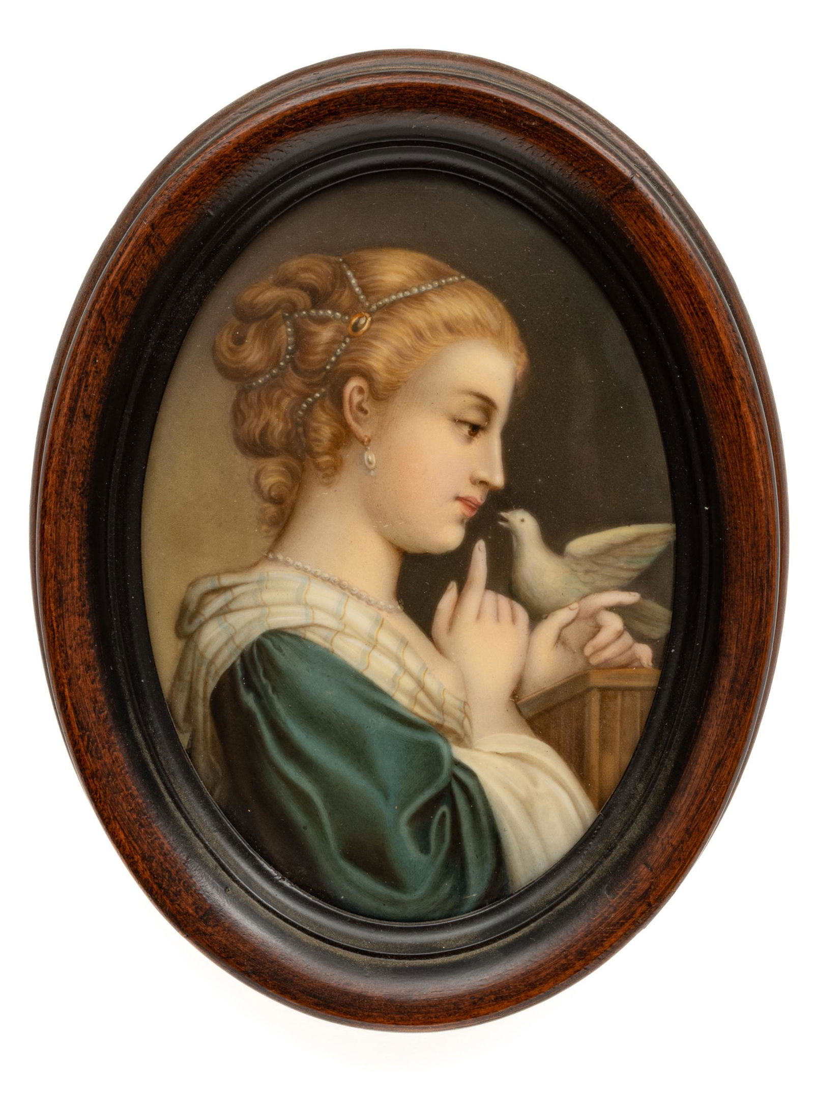 Painting On Porcelain, Lady With Dove 1900, H 6.5" W 4.5" (1 of 3)