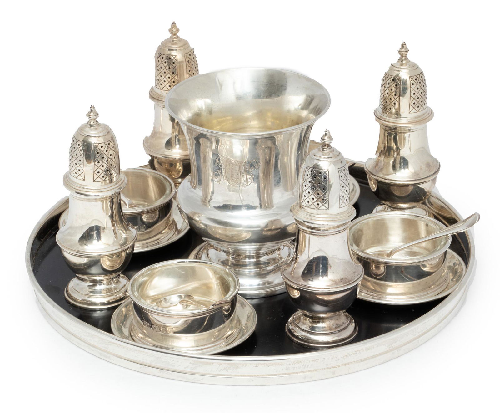 English Silver Salt Cellars And Pepper Shakers With Tray & Urn, H 4" Dia. 3.25" 2.57t oz 10 pcs (1 of 4)
