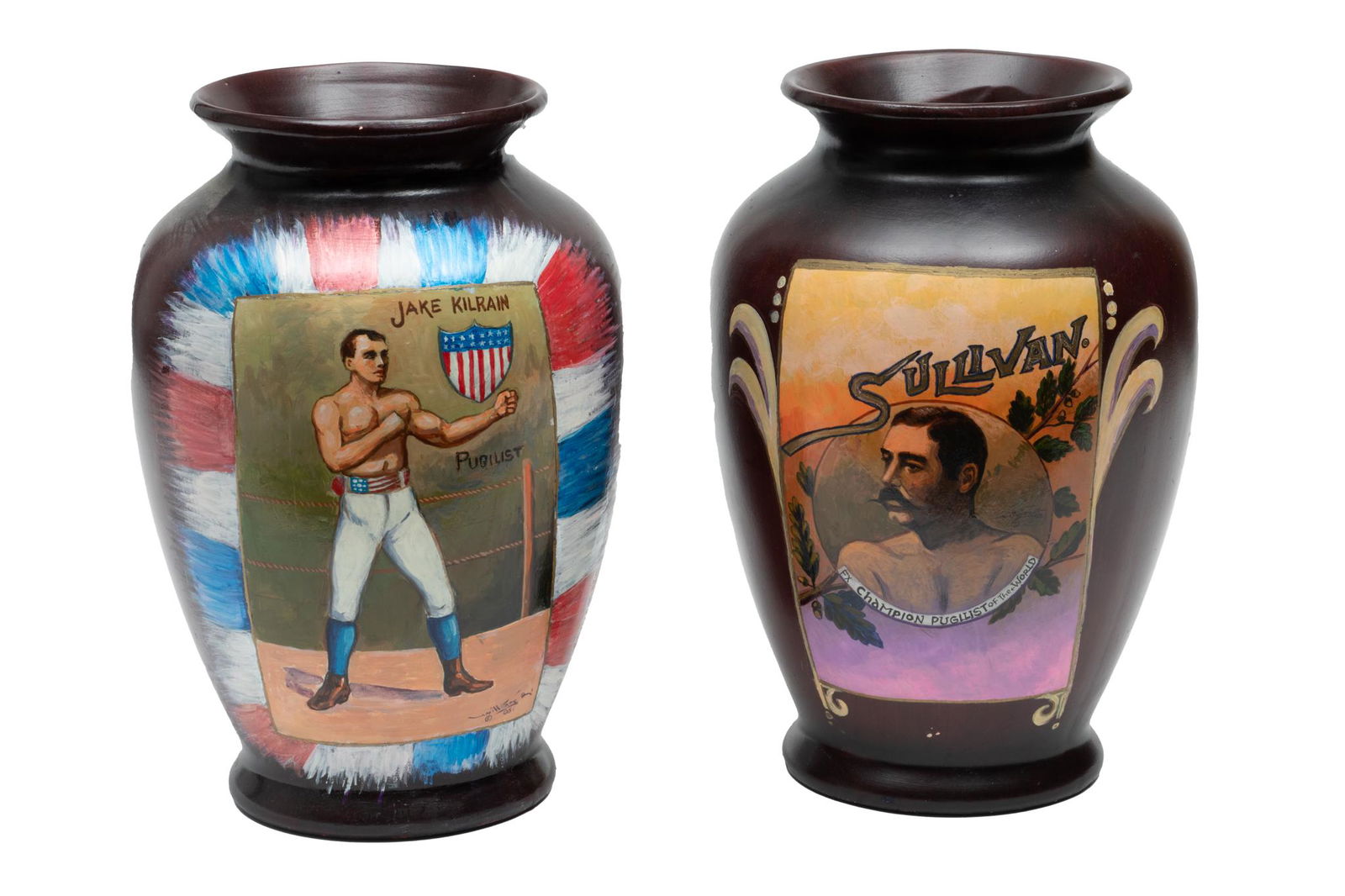 Pair of Painted Ceramic Vases, Boxing Themes, H 11" Dia. 8" (1 of 6)