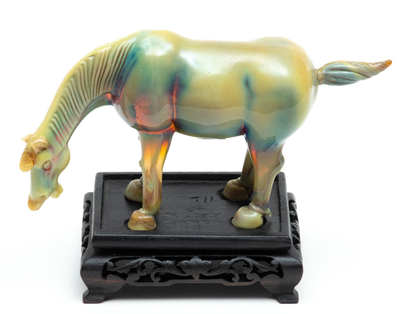 Chinese Glass Figue Of Standing Tang Style Horse H 3" L 6": Chinese Glass Figue Of Standing Tang Style Horse H 3" L 6" | Blue/green Provenance: From the Estate of Prominent Collector, Leon Zielinski, Macomb County, MI