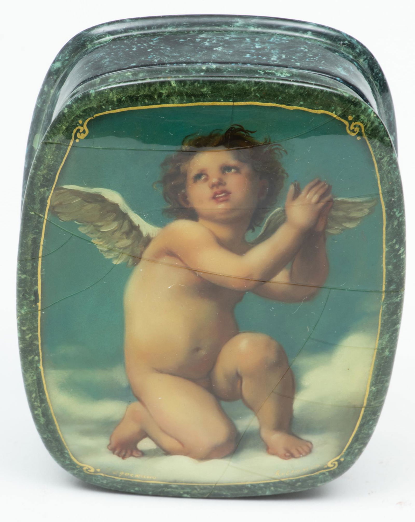 Russian Lacquer Box, Ca. 1950, Angel Kneeling, H 1.1" W 3.2" L 4" (1 of 7)