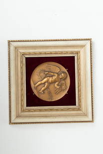 Carl Paul Jennewein, Bronze Medal "Gloria" Ca. 1933, Dia. 3": Carl Paul Jennewein, Bronze Medal "Gloria" Ca. 1933, Dia. 3" | "Fame and Glory" Size 2 7/8". Frame 6" x 6". Provenance: From the Estate of Prominent Collector, Leon Zielinski, Macomb County, MI