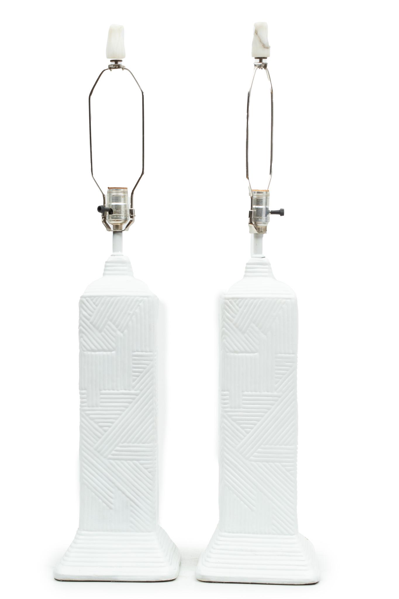 Art Deco Style White Lamps H 33" W 7" L 7": Art Deco Style White Lamps H 33" W 7" L 7" | Having a lightly embossed striped design.