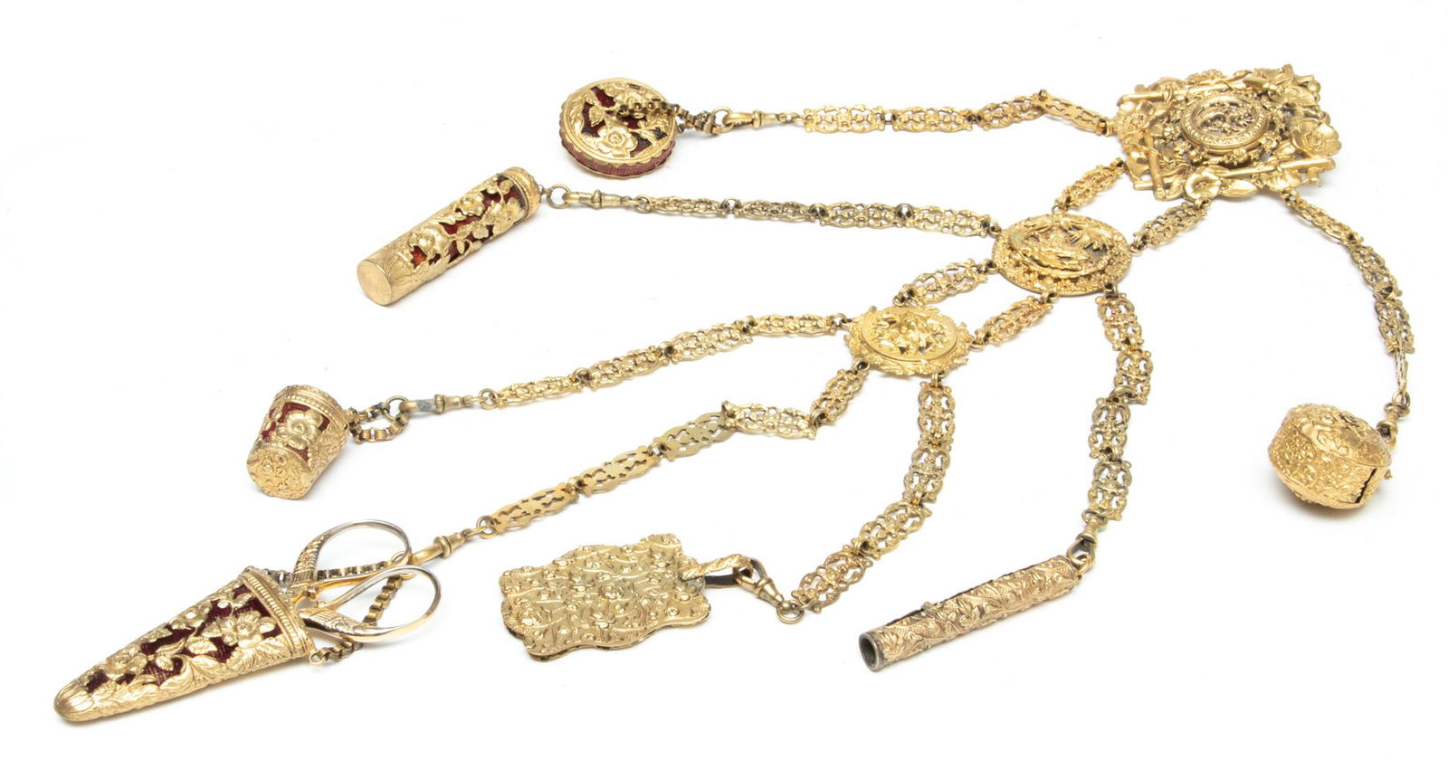 Gold Plated Three Tiered Chatelaine, L 18.5" (1 of 3)