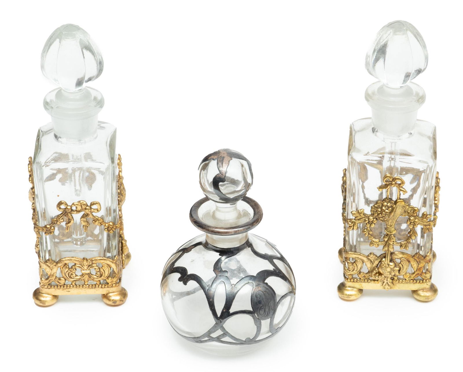 French Perfume Bottles (2) And Sterling Overlay Bottle Ca. 1930, H 4.7" 3 pcs (1 of 6)