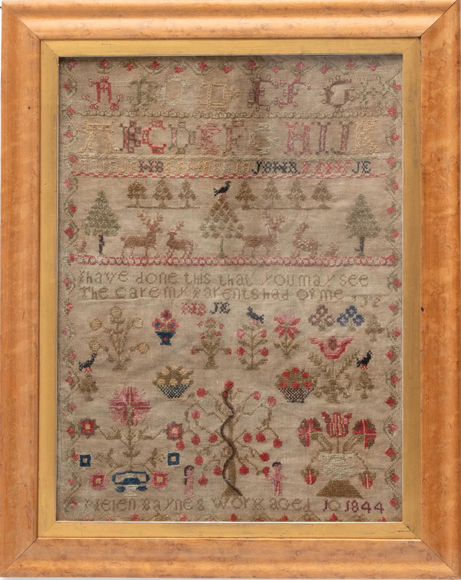 Antique Needlepoint Sampler, 1844, 10 Year Old Helen Baynes, H 16" W 12" (1 of 3)