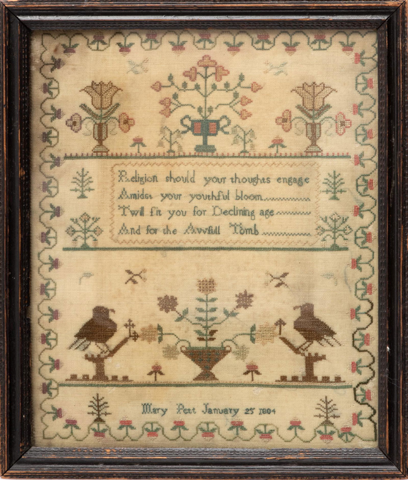 Antique Needlepoint Sampler, Mary Pett, January 25 1804, H 11.25" W 9.25" (1 of 3)