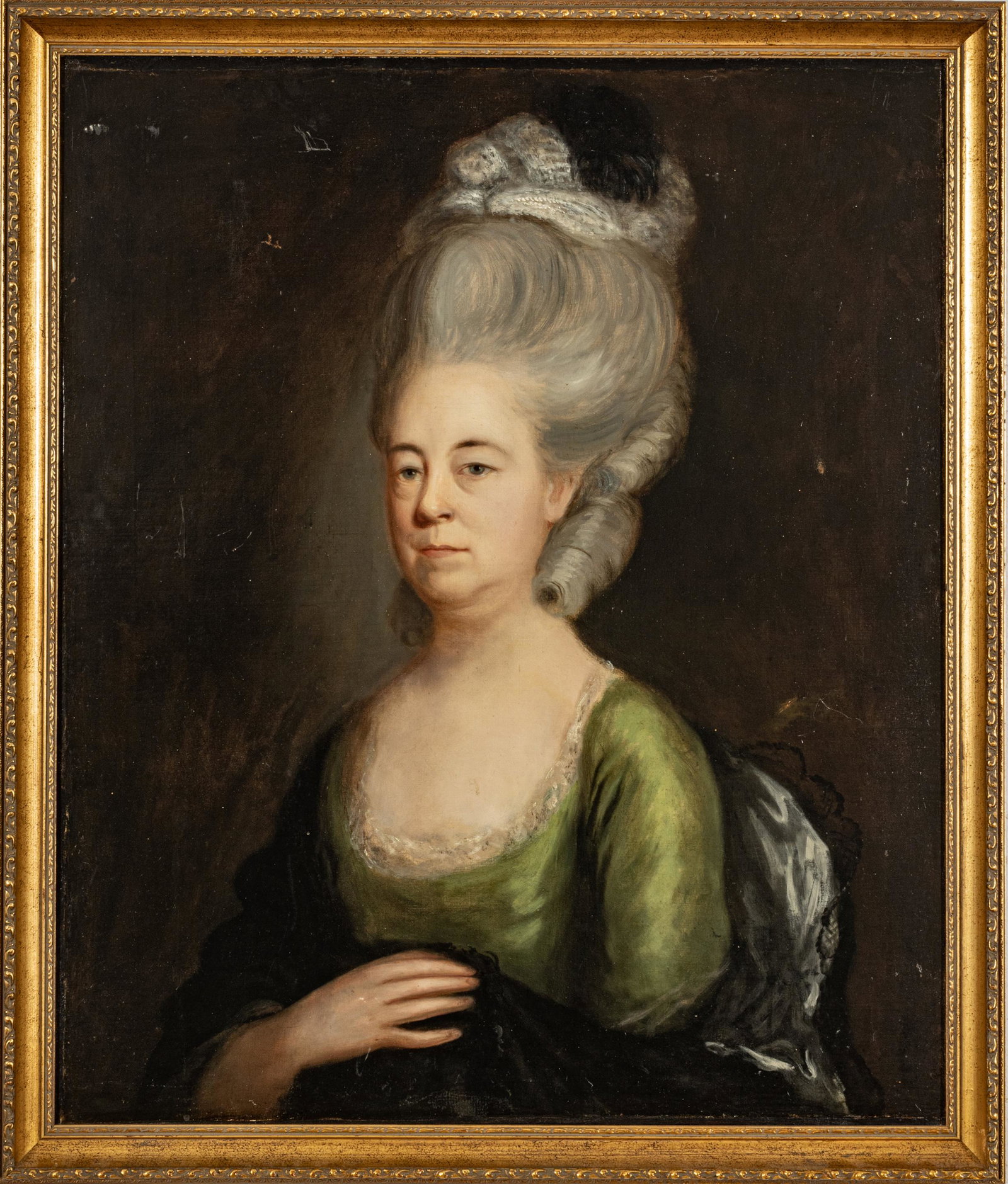 English George III Oil On Canvas, Last Quarter 18th C., Portrait Of Woman, H 31" W 26.5": English George III Oil On Canvas, Last Quarter 18th C., Portrait Of Woman, H 31" W 26.5" | Depicting the portrait of a noble woman in a green silk dress. Unsigned. Stretcher having a gallery label fro