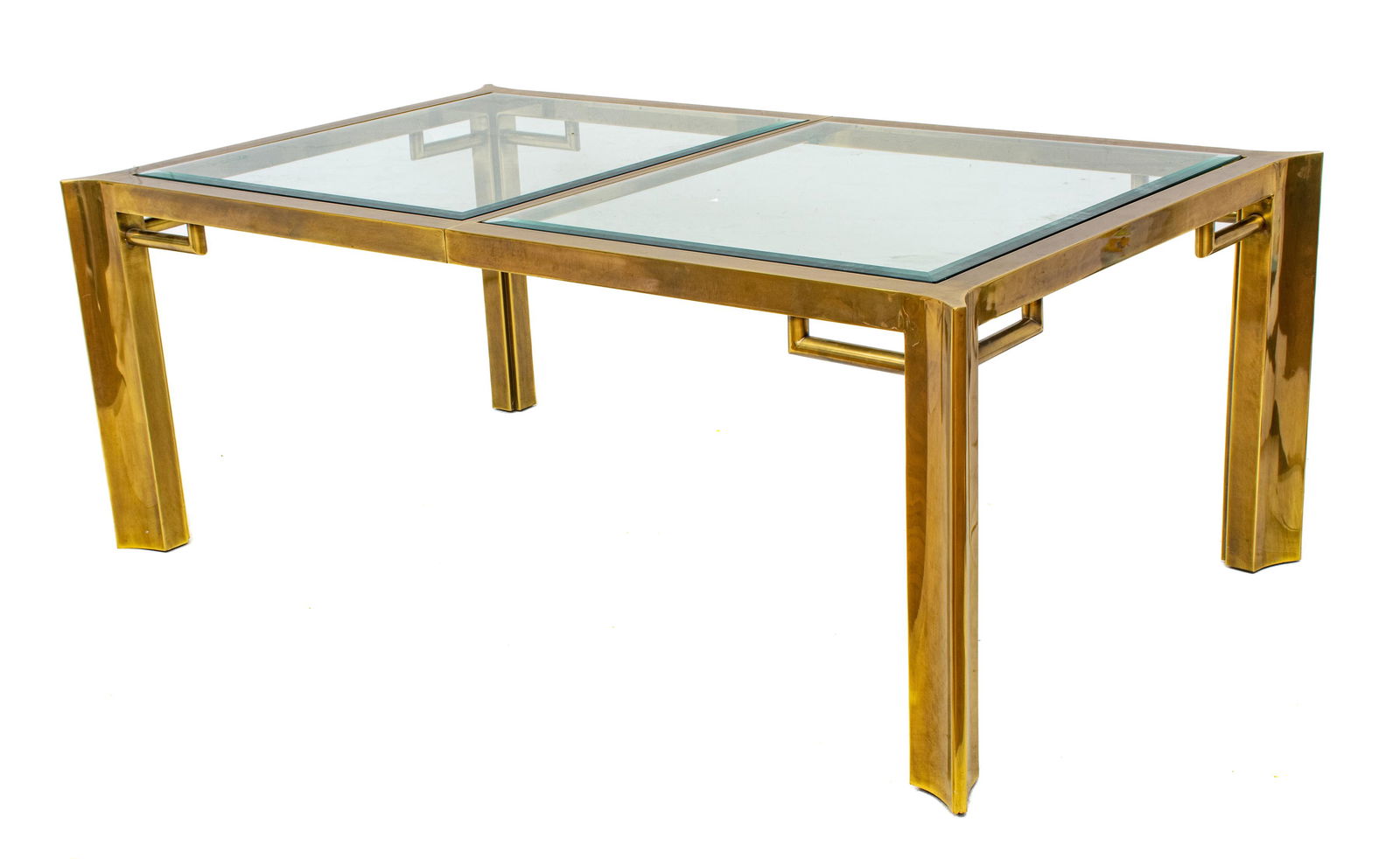 Mastercraft Brass And Glass Dining Table, H 29.5" W 46" L 77": Mastercraft Brass And Glass Dining Table, H 29.5" W 46" L 77" | Brass frame with two inset glass panels.