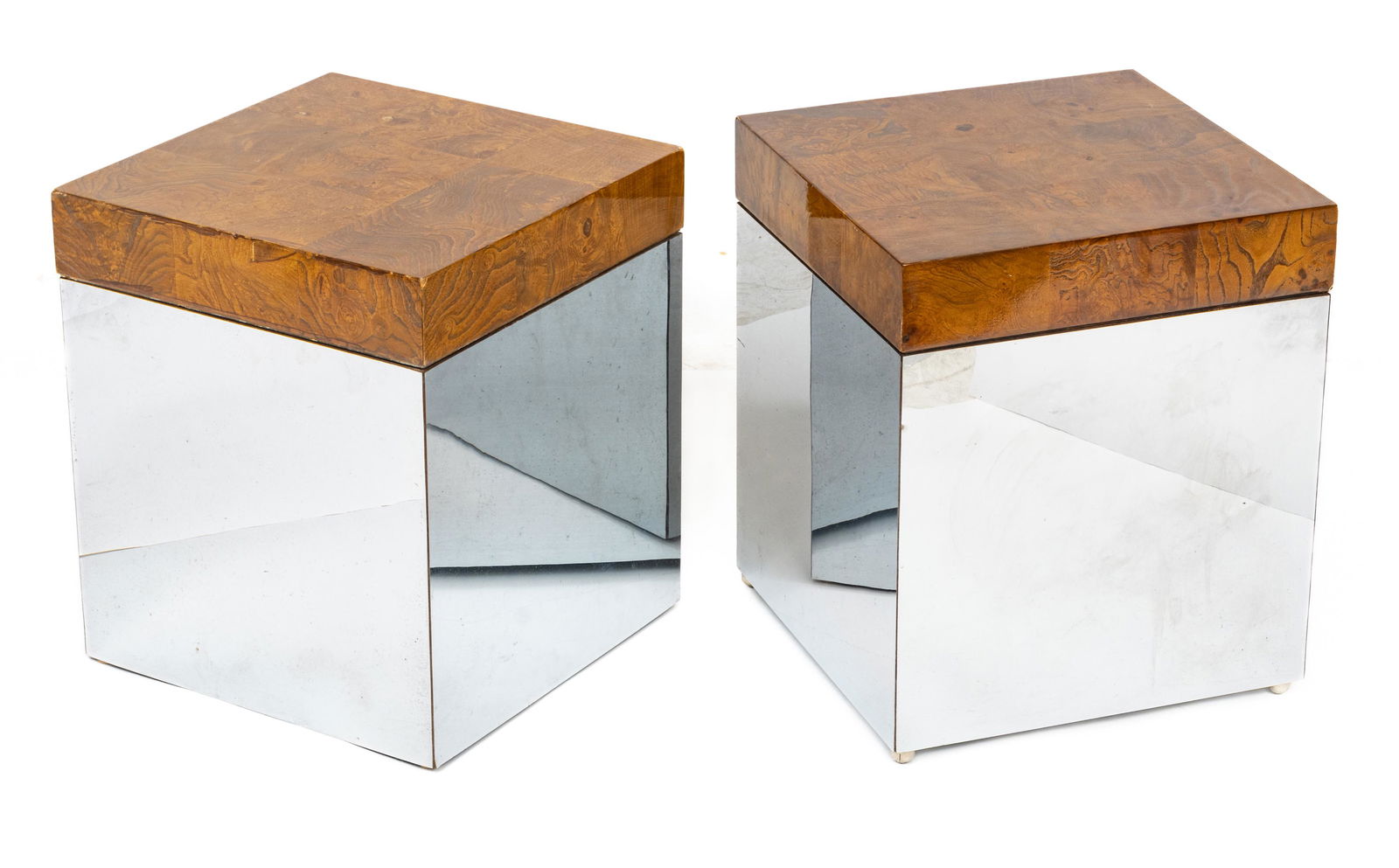 Attributed to Milo Baughman (American) Mid Century Modern Wood & Chrome Square End Tables Ca. 1960,: Attributed to Milo Baughman (American) Mid Century Modern Wood & Chrome Square End Tables Ca. 1960, H 17" W 15" L 15" 1 Pair | The pair are of square form with chromed steel bases and burled wood parq