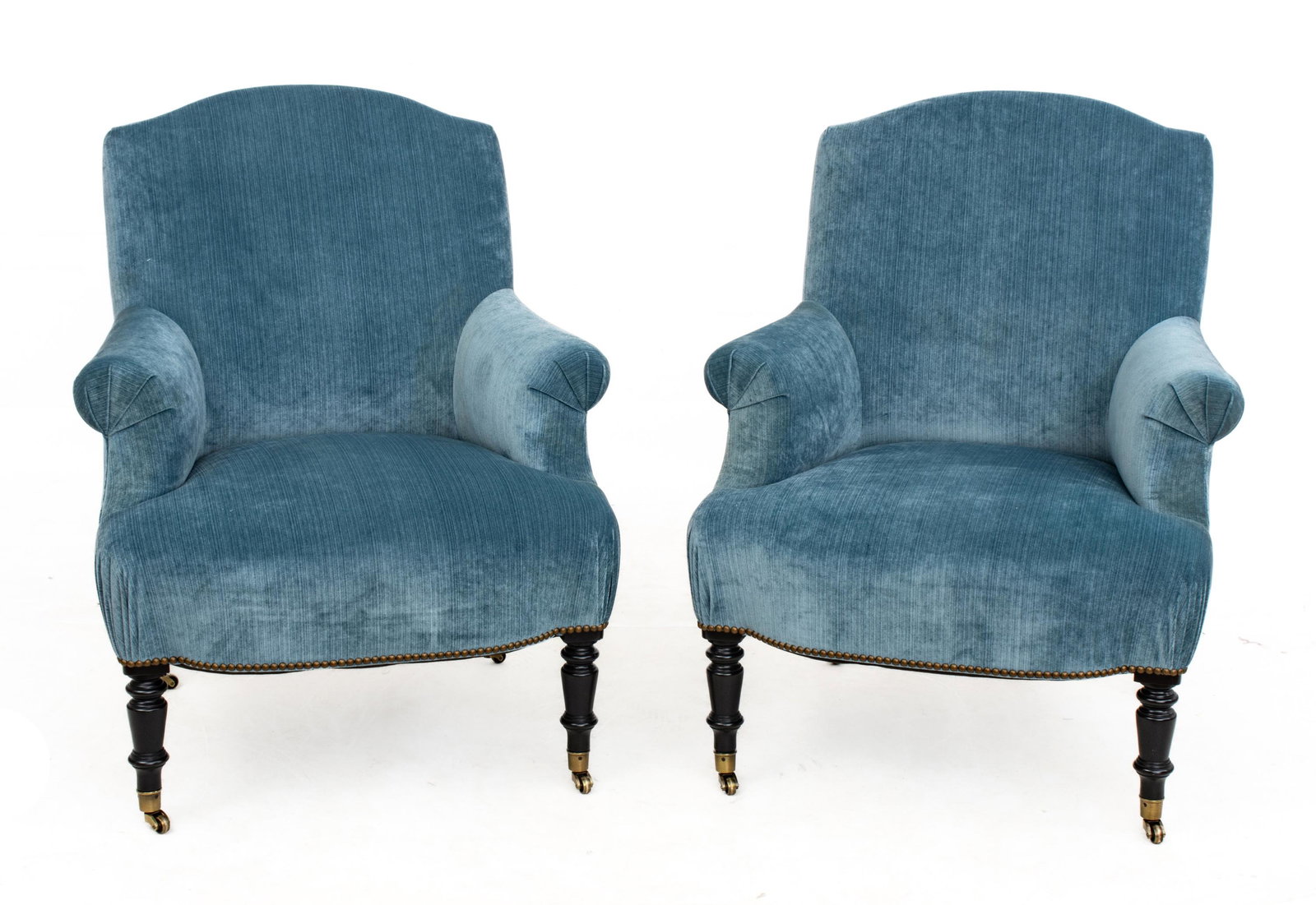 Upholstered & Black Lacquered Lounge Chairs, H 35.5" W 31.5" L 32" 1 Pair: Upholstered & Black Lacquered Lounge Chairs, H 35.5" W 31.5" L 32" 1 Pair | The upholstery boasts an azure blue tone, accented with nailhead trim along the base edge of the seat. The chairs terminate 