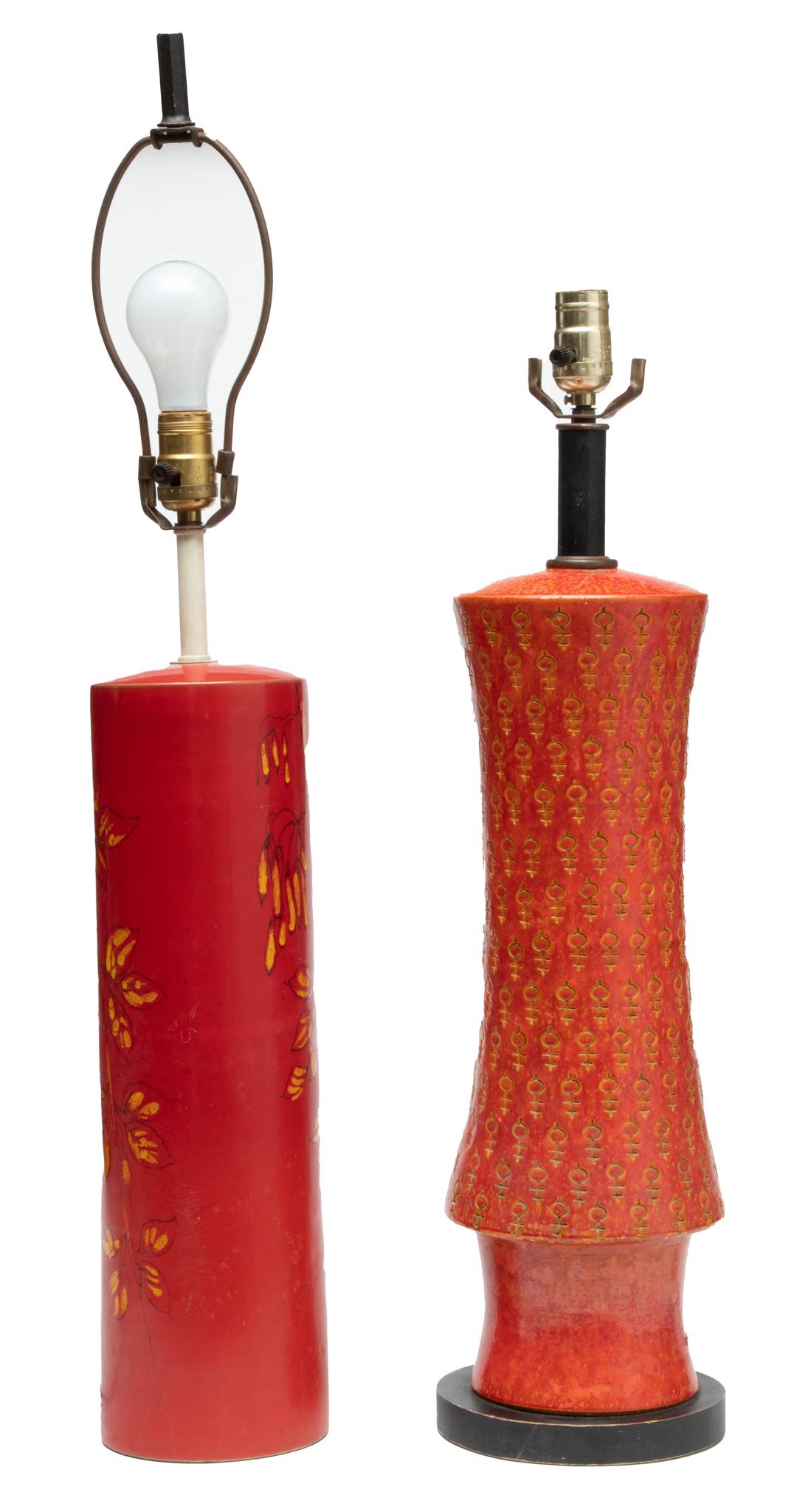 Style Of Aldo Londi For Bitossi Raymor (Italian/American) Mid Century Modern Ceramic Lamps, H 25": Style Of Aldo Londi For Bitossi Raymor (Italian/American) Mid Century Modern Ceramic Lamps, H 25" Dia. 6" 2 pcs | Both having red fields. The cylindrical lamp is decorated with leaves and branches. Th