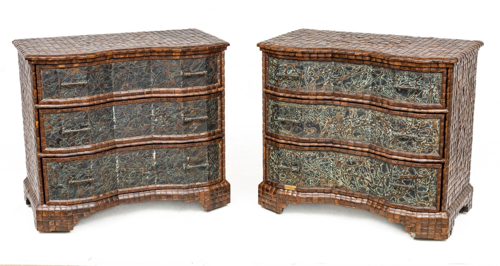 Pair of Maitland-Smith (British) Chests Of Drawers, H 32.5" L 36.5" Depth 20": Pair of Maitland-Smith (British) Chests Of Drawers, H 32.5" L 36.5" Depth 20" | Each having three drawers with metal-clad fronts. Tops and sides clad with wood tiles.