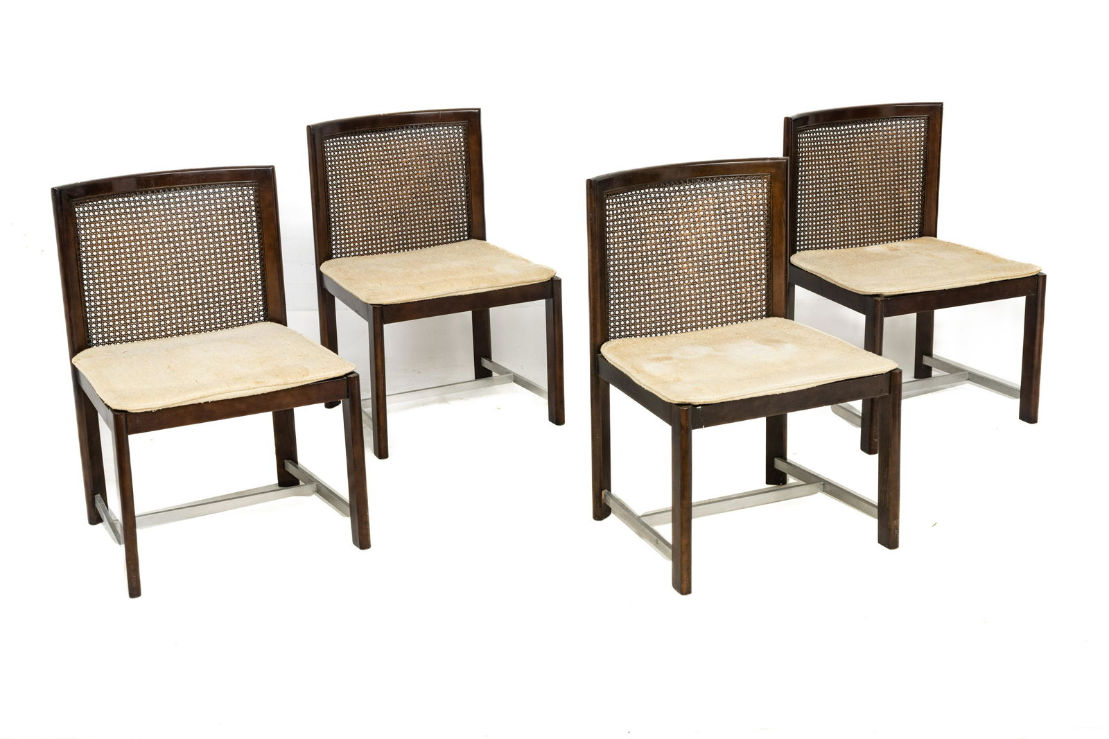 Michael Taylor For Baker Chairs, H 32" W 21.5" Depth 18.5" 4 pcs: Michael Taylor For Baker Chairs, H 32" W 21.5" Depth 18.5" 4 pcs | Having weaved cane backs and linen seats.