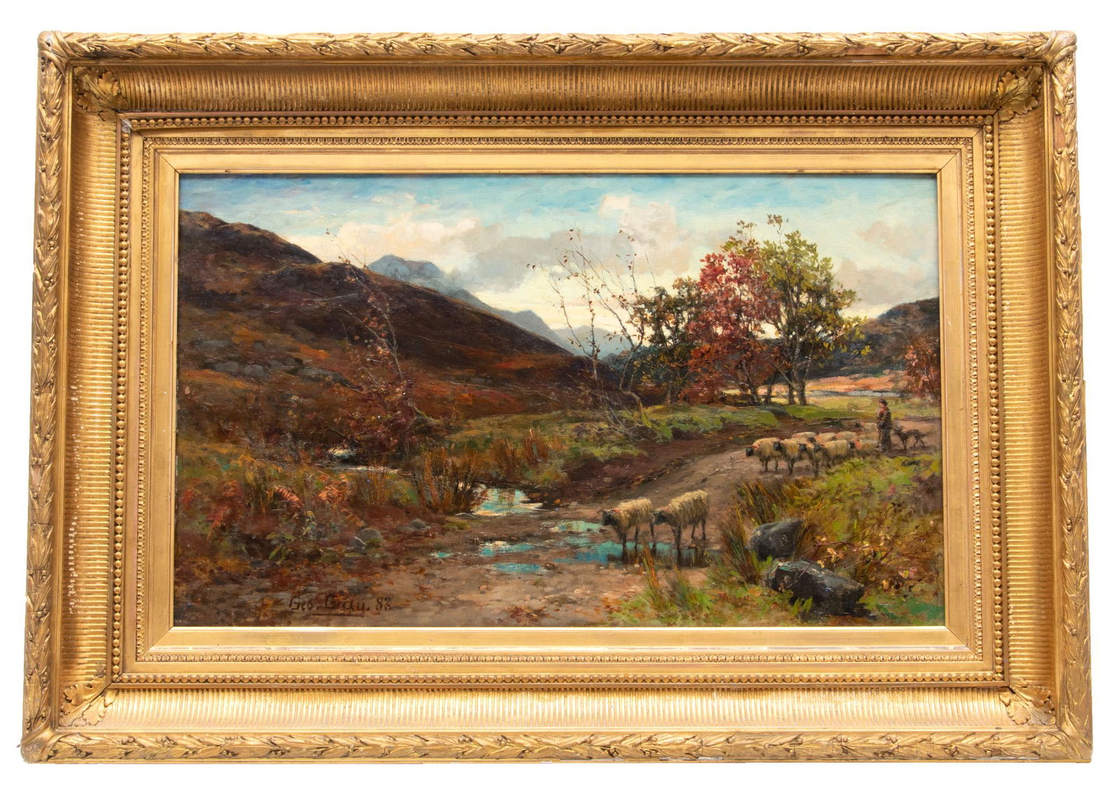 George Gray (Scottish, FL. 1880-1910) Oil On Canvas, Ca. 1883, Shepherd With Sheep, H 18" W 29": George Gray (Scottish, FL. 1880-1910) Oil On Canvas, Ca. 1883, Shepherd With Sheep, H 18" W 29" | Signed lower left. Dated 1883. Depicting a shepherd watering his sheep. Having a giltwood and gesso fr