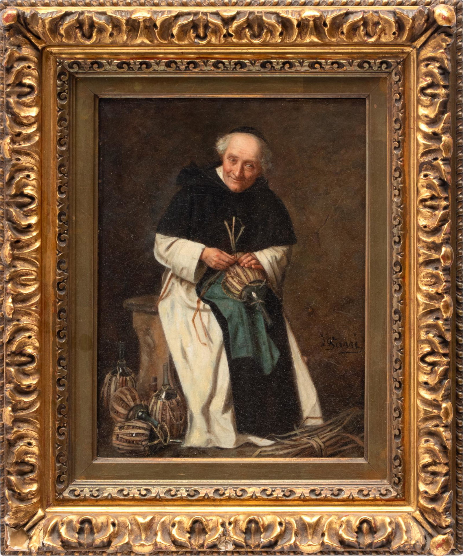 David Giuseppe Sani (Italian, 1828-1914) Oil On Canvas Mounted To Board, 19th C., Monk With Fiascos,: David Giuseppe Sani (Italian, 1828-1914) Oil On Canvas Mounted To Board, 19th C., Monk With Fiascos, H 14" W 10.5" | Signed in the lower center right. Depicting a seated monk weaving a straw basket fo