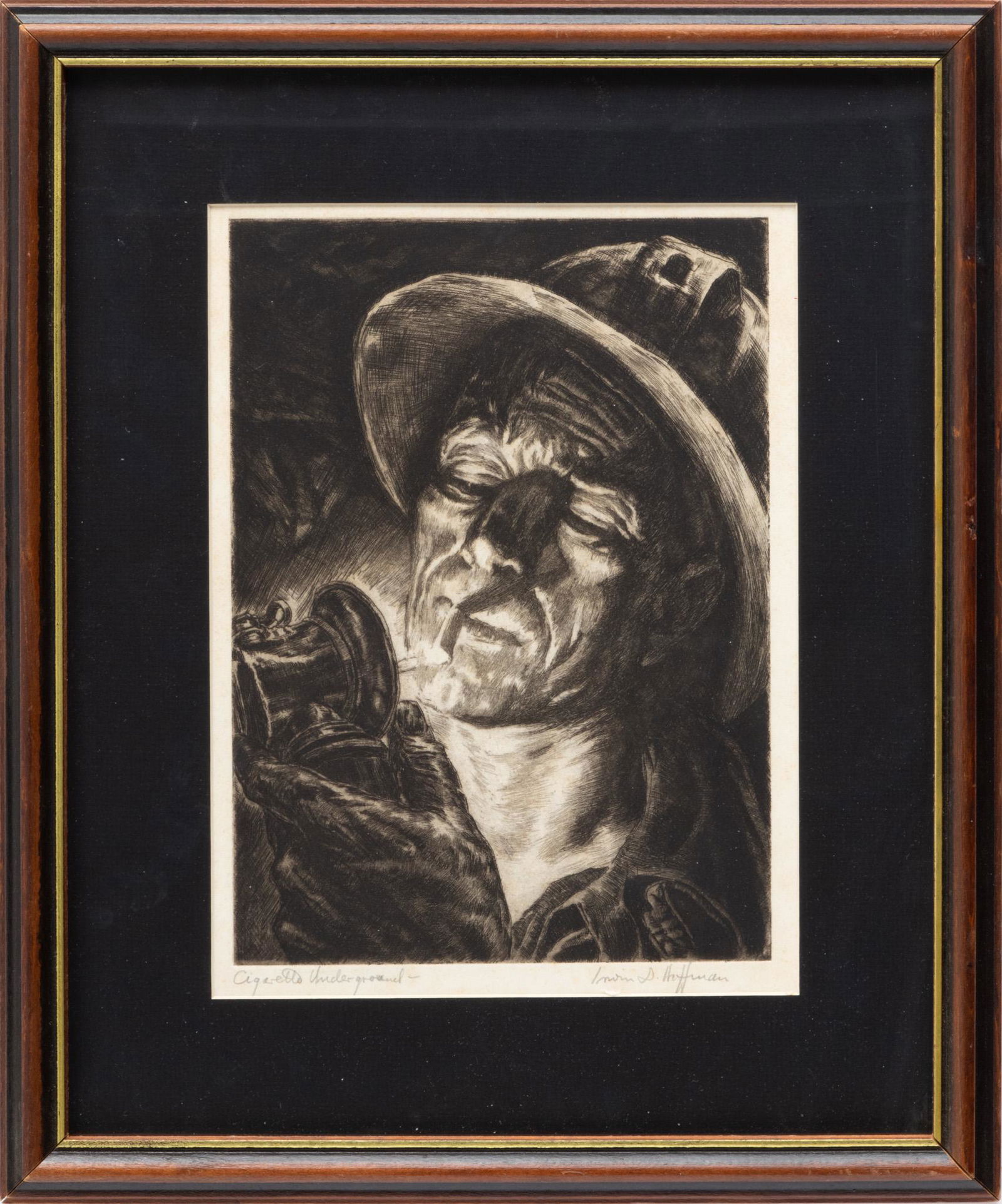 Irwin D. Hoffman (American, 1901-1989) Etching On Paper, Ca. 1937-38, Cigarette Underground, H 11" W: Irwin D. Hoffman (American, 1901-1989) Etching On Paper, Ca. 1937-38, Cigarette Underground, H 11" W 8" | Signed in pencil lower right and titled lower left, with margins. Frame Measurements: H 17.5"