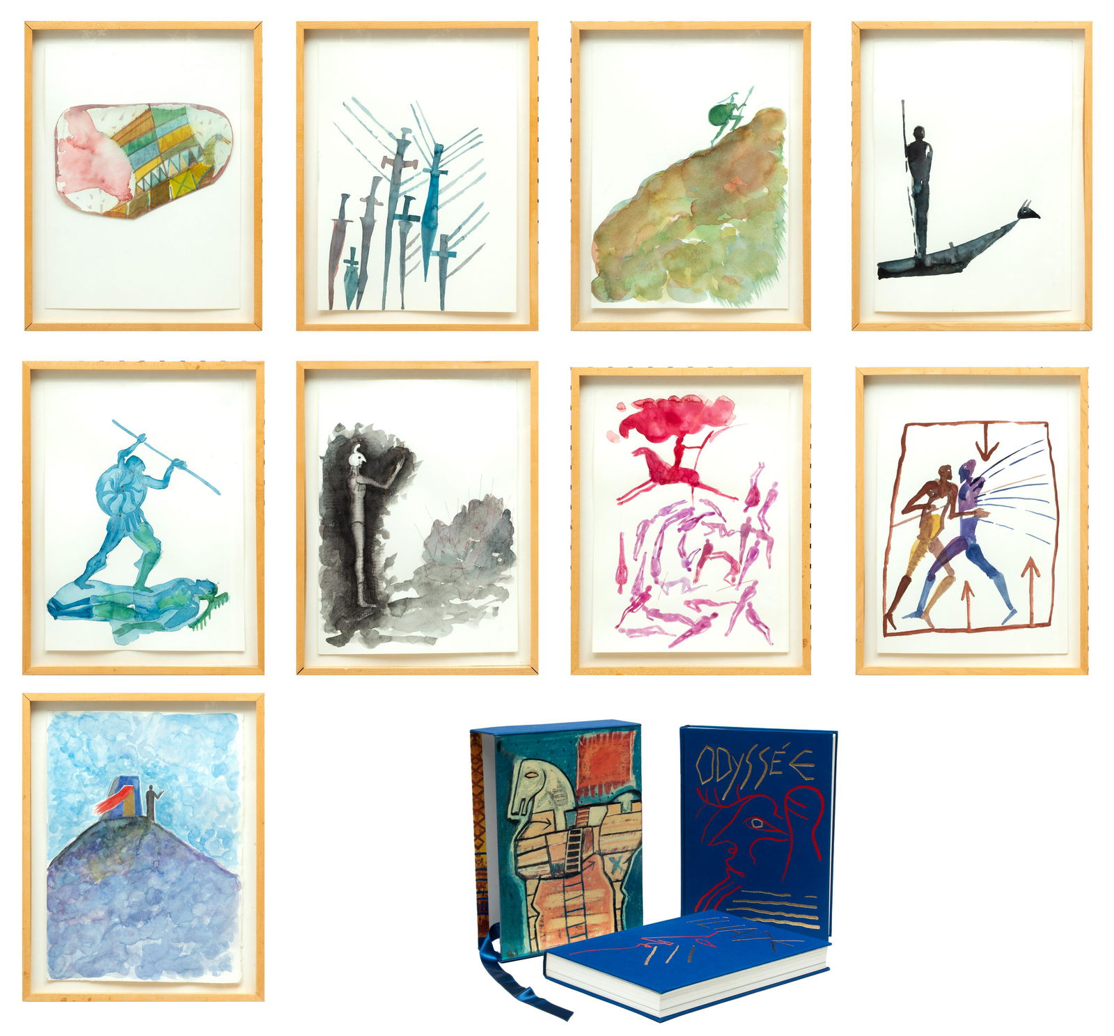 Mimmo Paladino (Italian, B. 1948) Watercolor, Graphite And Ink On Paper, Nine Works, From Iliade Ody: Mimmo Paladino (Italian, B. 1948) Watercolor, Graphite And Ink On Paper, Nine Works, From Iliade Odyssee, H 13" W 9.75" | Accompanied by the two volume book Iliade Odyssee by Homere, Illustrations by