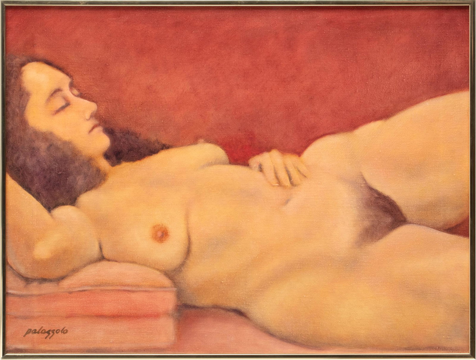 Palazzolo, Oil On Canvas, Ca. 1960s, Reclining Female Nude, H 18" W 24": Palazzolo, Oil On Canvas, Ca. 1960s, Reclining Female Nude, H 18" W 24" | Signed Palazzolo in the lower left. Depicting a reclining female nude. Provenance: From the Estate of Prominent Collector, Leo