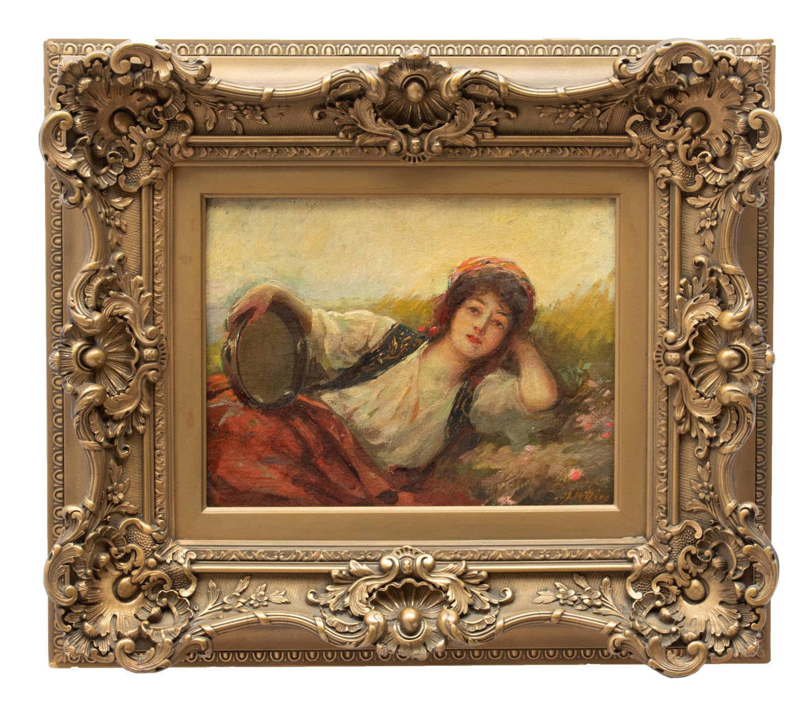 Joseph W. Gies (American, 1860-1935) Oil On Artist Board, Late 19th/early 20th C., Reclining Woman: Joseph W. Gies (American, 1860-1935) Oil On Artist Board, Late 19th/early 20th C., Reclining Woman With Tambourine, H 10" W 12.25" | Signed in the lower right. Michigan artist Joseph Gies. Depicting a