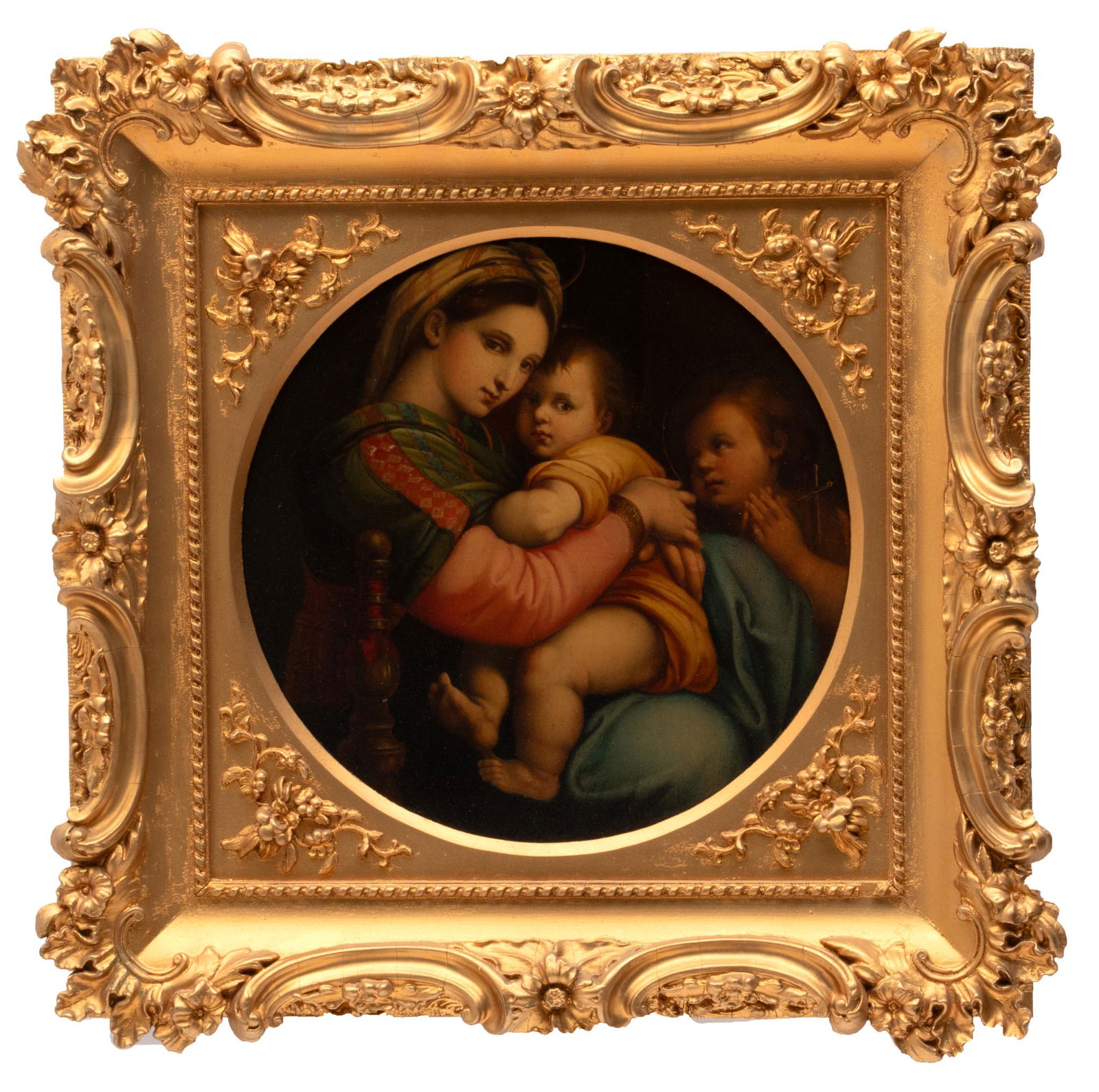After Raphael Oil On Beveled Mahogany Panel, Ca. 19th C., Madonna Della Seggiola, H 13.25" W 13": After Raphael Oil On Beveled Mahogany Panel, Ca. 19th C., Madonna Della Seggiola, H 13.25" W 13" | Unsigned oil on panel after Raphael's Madonna of the Chair. Depicting Mary, Jesus and St. John the Ba