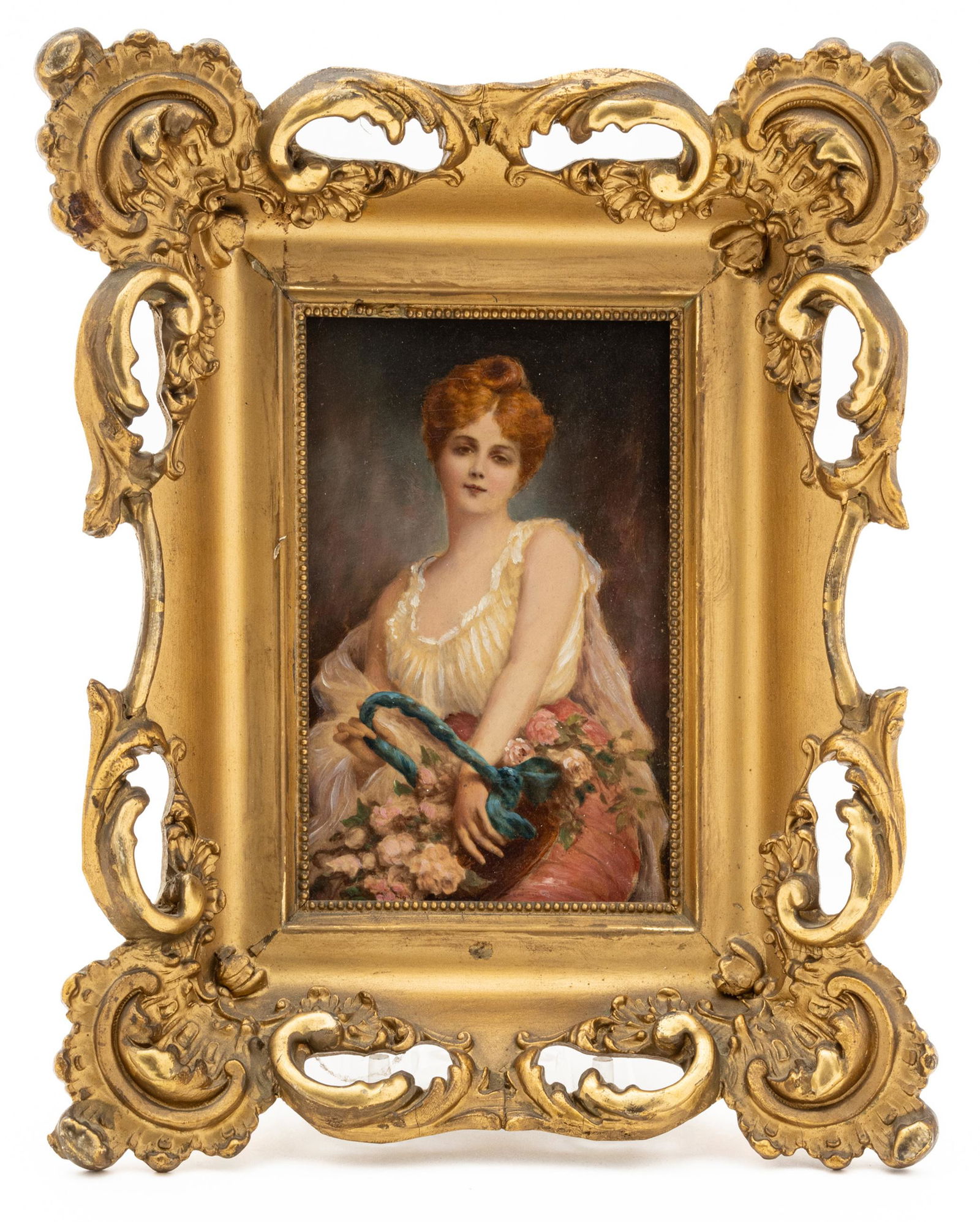 OIl On Board, Portrait Of A Lady With Basket Of Roses Ca. 1900, H 5.5" W 3.5": OIl On Board, Portrait Of A Lady With Basket Of Roses Ca. 1900, H 5.5" W 3.5" | Gilt wood and gesso frame 10" x 8.5". Provenance: From the Estate of Prominent Collector, Leon Zielinski, Macomb County,