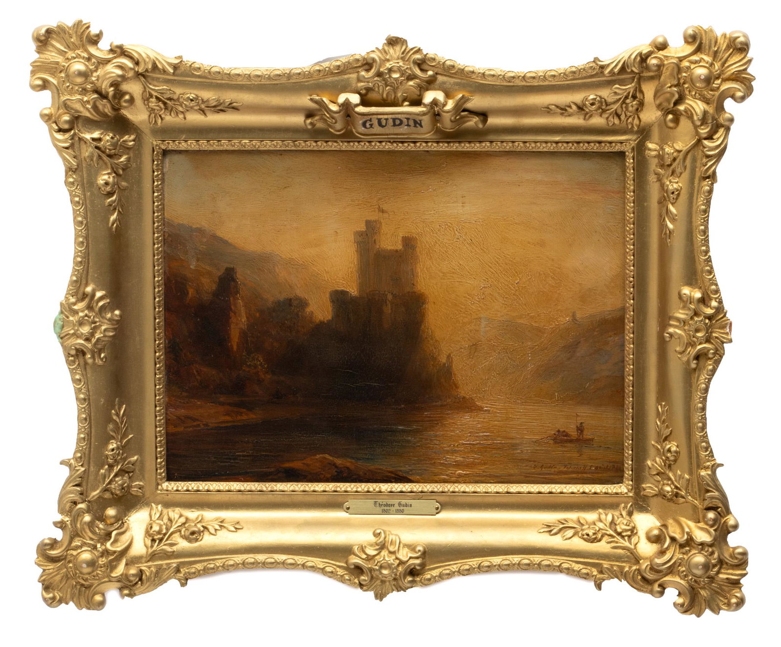 Theodore Antoine Gudin (French, 1802-1880) Oil On Beveled Mahogany Panel, August 5th, 1841, Castle: Theodore Antoine Gudin (French, 1802-1880) Oil On Beveled Mahogany Panel, August 5th, 1841, Castle On Riverbank,, H 9" W 12" | Signed and dated in French lower right, T. Gudin, 5 Aožt 1841. Illegible