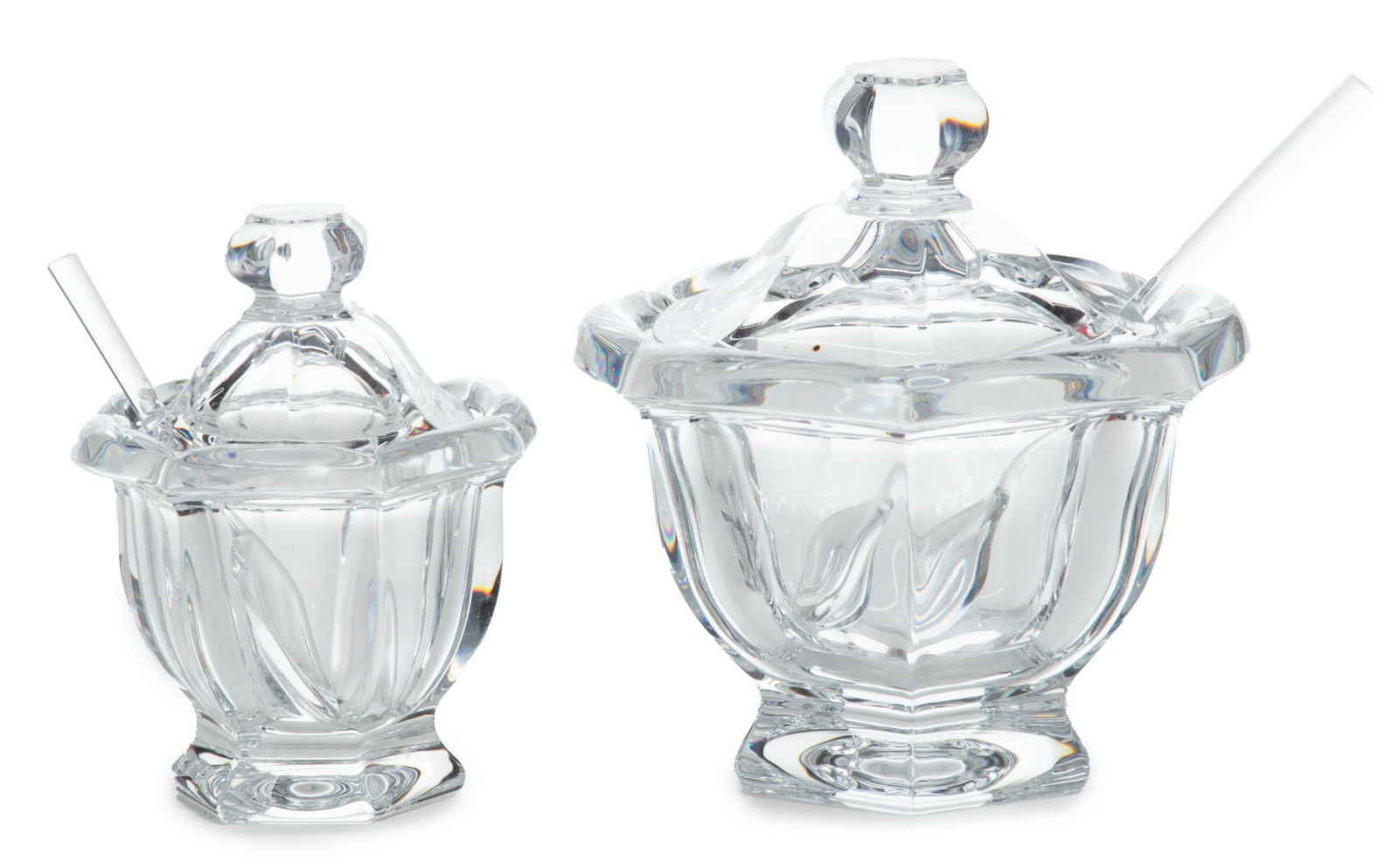 Baccarat (French, Est. 1764) 'Harcourt' Crystal Covered Jelly & Mustard Jars, H 5.25" Dia. 5" 2 pcs: Baccarat (French, Est. 1764) 'Harcourt' Crystal Covered Jelly & Mustard Jars, H 5.25" Dia. 5" 2 pcs | The mustard jar measures H 4.5" x DIA 3". The jelly jar measures H 5.25" x DIA 5". Each bearing si