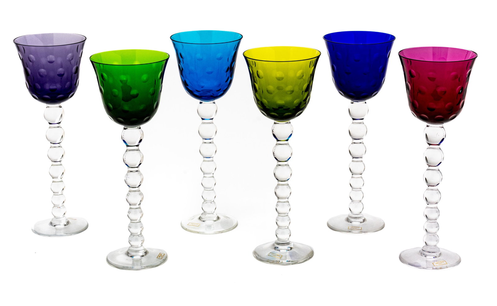 Saint Louis (France, Est. 1781) 'Bubbles' Color Crystal Hock Wine Glasses, H 9.5" Dia. 3.5" 6 pcs: Saint Louis (France, Est. 1781) 'Bubbles' Color Crystal Hock Wine Glasses, H 9.5" Dia. 3.5" 6 pcs | Offers multi-colored basins with cut dots and a ball stem. Bearing signature branding to the undersi