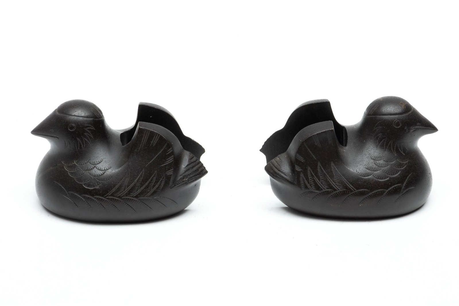 Bronze Duck Form Supports For Plaque H 3" L 4.5": Bronze Duck Form Supports For Plaque H 3" L 4.5" | Open sleeve at center of each duck. Provenance: From the Estate of Prominent Collector, Leon Zielinski, Macomb County, MI