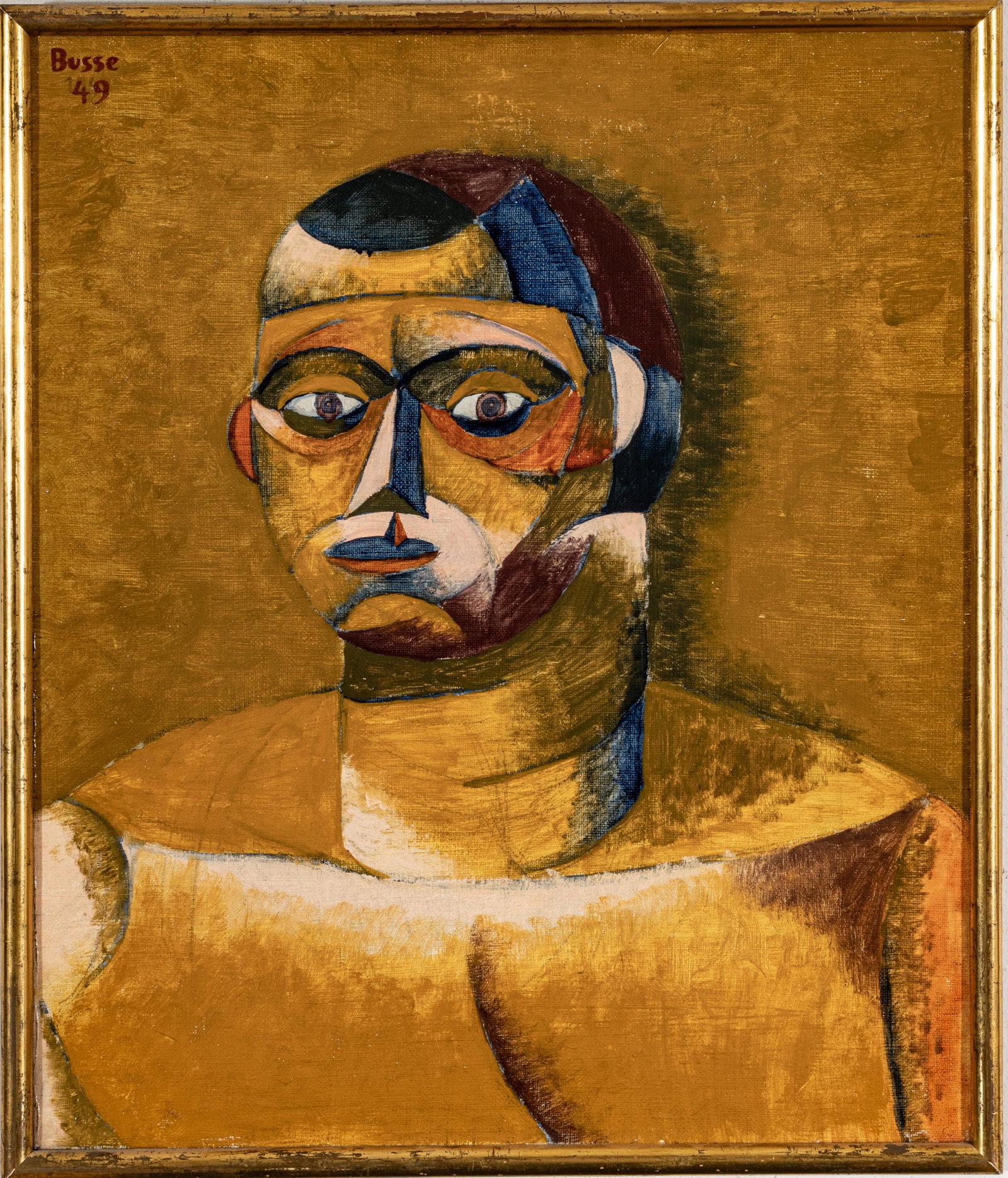 Jacques Busse (France, 1922-2004) Oil On Canvas, 1949, Cubist Portrait, H 21" W 26": Jacques Busse (France, 1922-2004) Oil On Canvas, 1949, Cubist Portrait, H 21" W 26" | Depicting the portrait of a man in the Cubist style. Rendered in ultramarine blue, ochre, and alizarin crimson ton