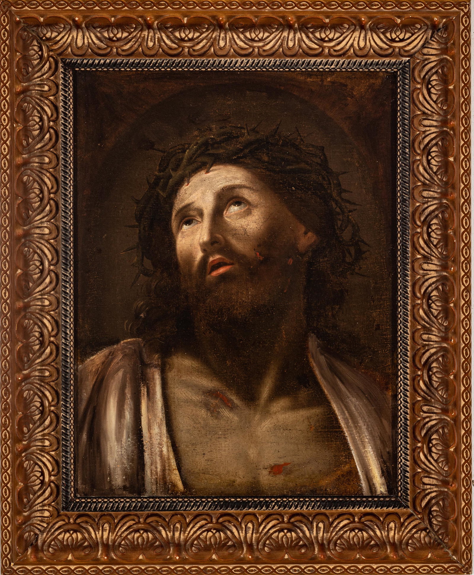 Follower Of Guido Reni (Italian, 1575-1642) Oil On Canvas, Ca. Late 16th/early 17th C., "Man Of: Follower Of Guido Reni (Italian, 1575-1642) Oil On Canvas, Ca. Late 16th/early 17th C., "Man Of Sorrows", H 22" W 16.75" | Oil on canvas after Guido Reni's Man of Sorrows. Depicting Jesus with the cro