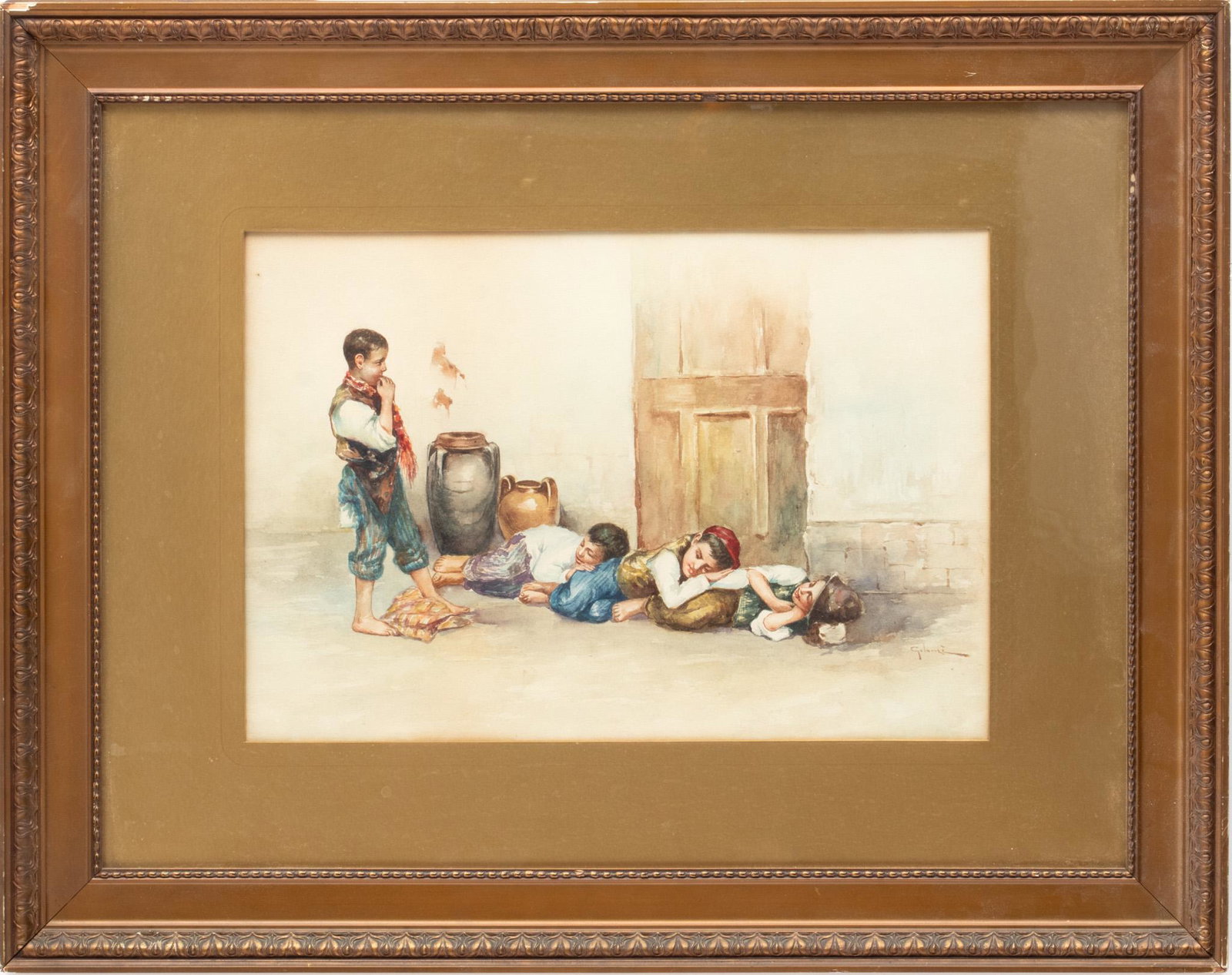 Giuseppe Gelanze (Italian, B. 1867) Watercolor On Paper, Early 20th C.,, Street Urchins, H 9.5" W: Giuseppe Gelanze (Italian, B. 1867) Watercolor On Paper, Early 20th C.,, Street Urchins, H 9.5" W 14" | Signed lower right "Gelenanze". Depicting an elder boy whistling to wake up three younger ones s