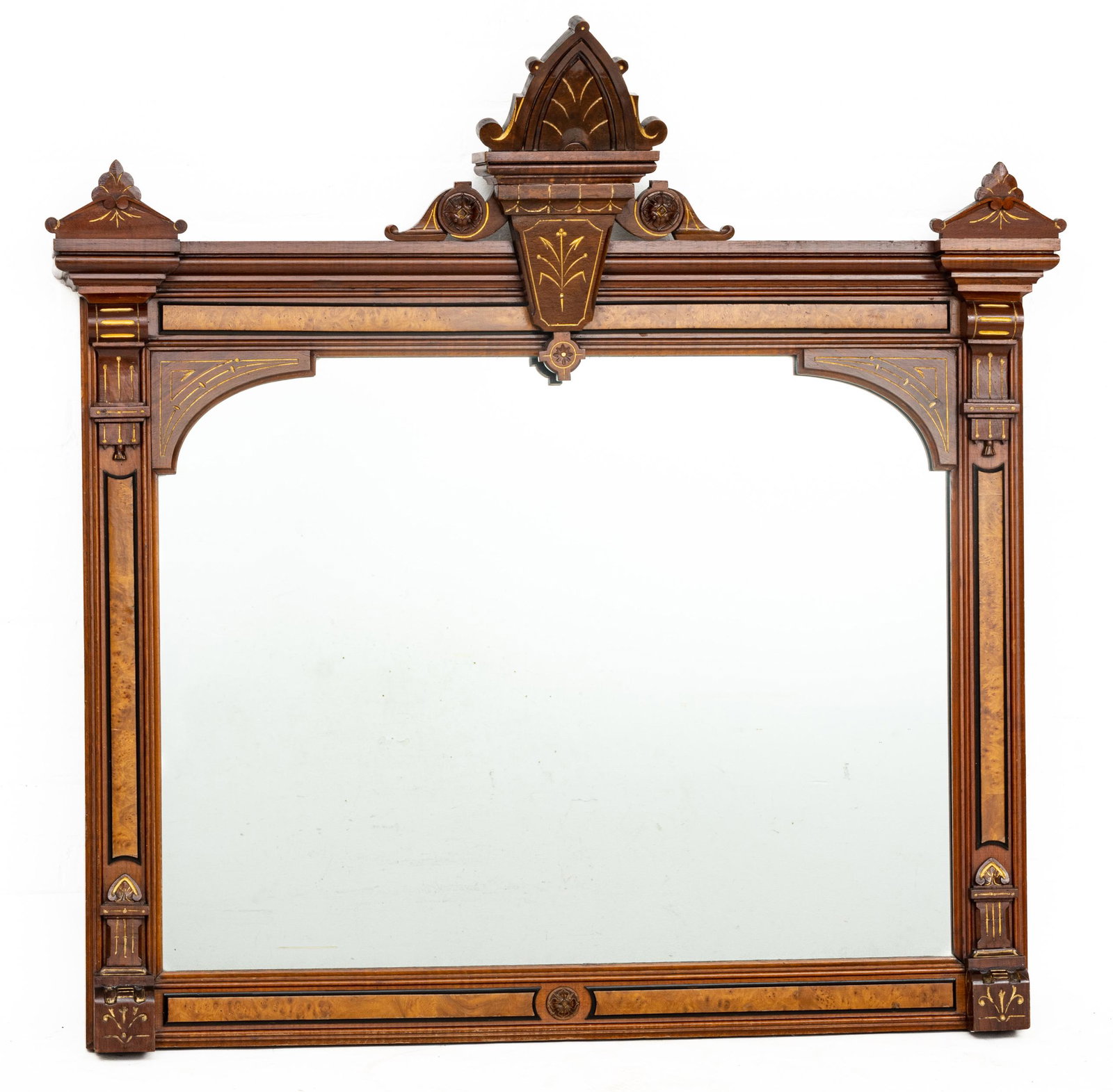 Eastlake Movement Mahogany & Burled Wood Wall Mirror, Ca. 1870, H 53" W 52": Eastlake Movement Mahogany & Burled Wood Wall Mirror, Ca. 1870, H 53" W 52" | Offers architectural details with incised accents throughout the frame. Circa 1870.