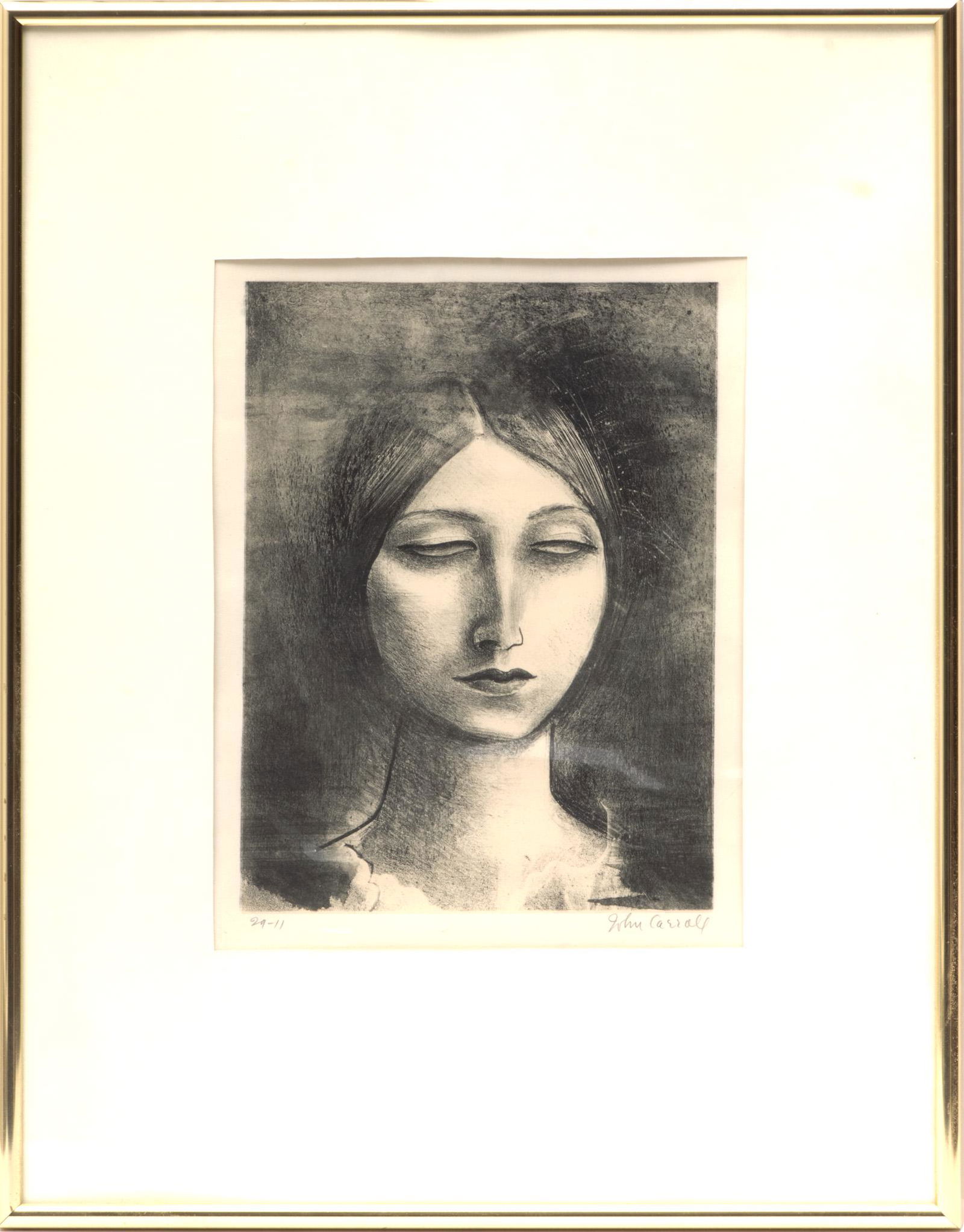 John Wesley Carroll (American, 1892-1959) Lithograph On Paper, Portrait Of Woman, H 9.25" W 7": John Wesley Carroll (American, 1892-1959) Lithograph On Paper, Portrait Of Woman, H 9.25" W 7" | Signed in pencil lower right, numbered 29-11 lower left, with margins. Frame Measurements H 18" W 14" P