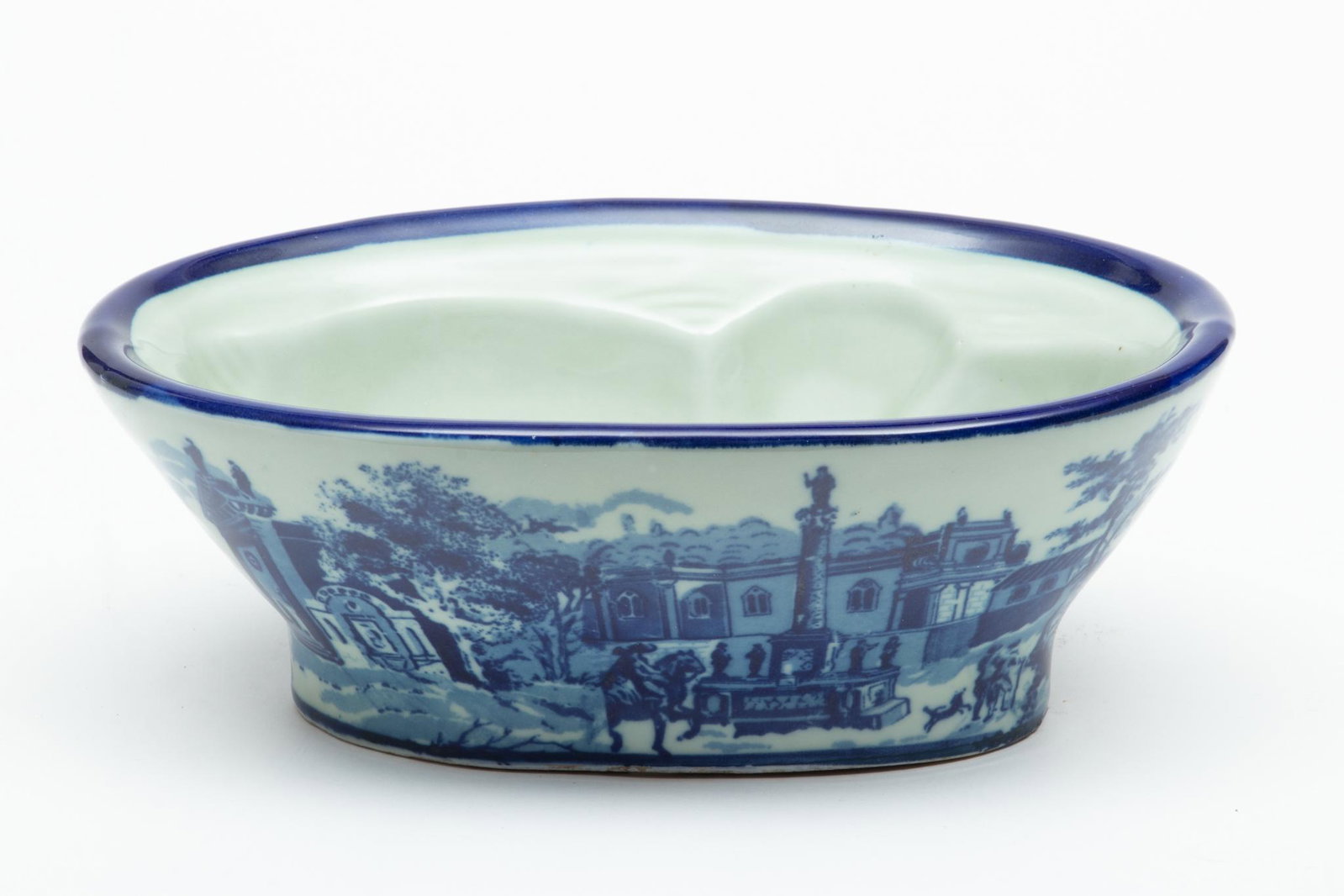 Ridgway Ironstone Pottery Mold, Blue On Light Green Ca. 19th.c., H 3" W 5.5" L 9": Ridgway Ironstone Pottery Mold, Blue On Light Green Ca. 19th.c., H 3" W 5.5" L 9" | Oval shape. Thick wall, decorated city scene Provenance: From the Estate of Prominent Collector, Leon Zielinski, Mac