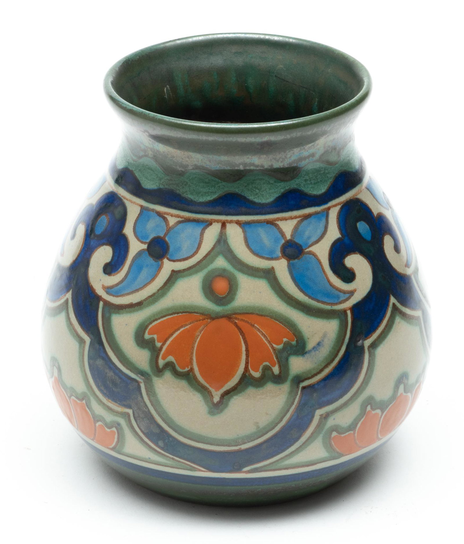 Holland Gouda Pottery Vase, Blue/red Ca. 1950, H 6" Dia. 5": Holland Gouda Pottery Vase, Blue/red Ca. 1950, H 6" Dia. 5" | With trademark. Provenance: From the Estate of Prominent Collector, Leon Zielinski, Macomb County, MI