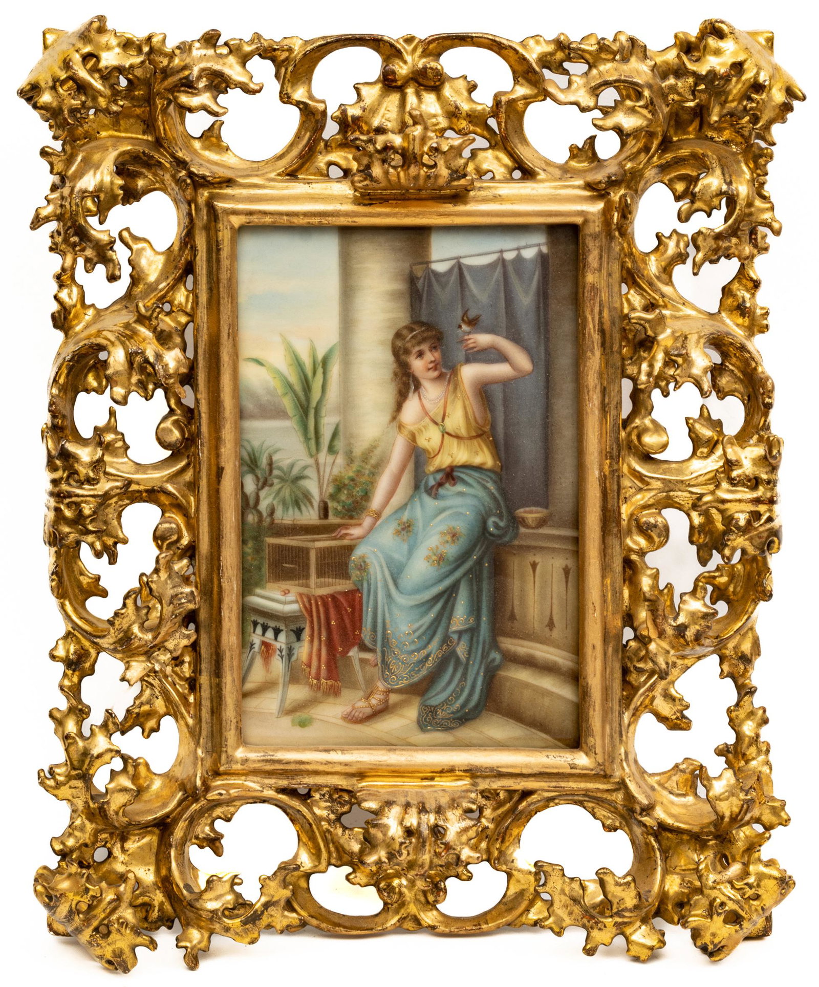 After Heva Coomans (Belgian, 1860-1939) Painting On Procelain Plaque Ca. 1900, Darling, H 7.5" W: After Heva Coomans (Belgian, 1860-1939) Painting On Procelain Plaque Ca. 1900, Darling, H 7.5" W 5.2" | Verso of plaque stamped "Firenze" under Fleur de Lis. Titled and attributed on verso. Carved and