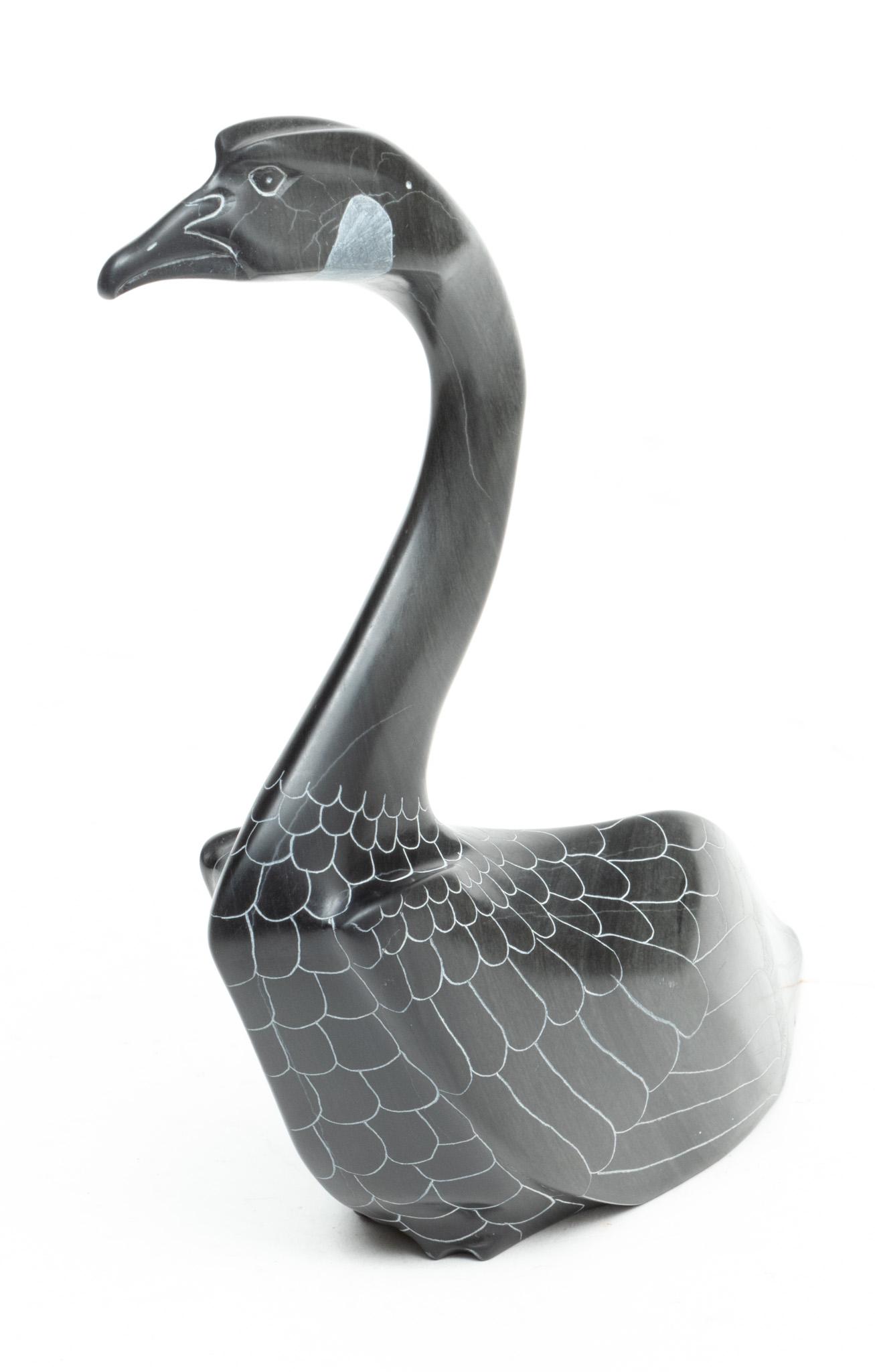 Sam Kavik, (Qavvik, Inuit Serpentine Stone Sculpture) Ca. 1990, "Goose", H 8" W 8": Sam Kavik, (Qavvik, Inuit Serpentine Stone Sculpture) Ca. 1990, "Goose", H 8" W 8" | Signed. Hand made by a Canadian Inuk artist. Sanikiluaq region. With certificate of authenticity by the government 