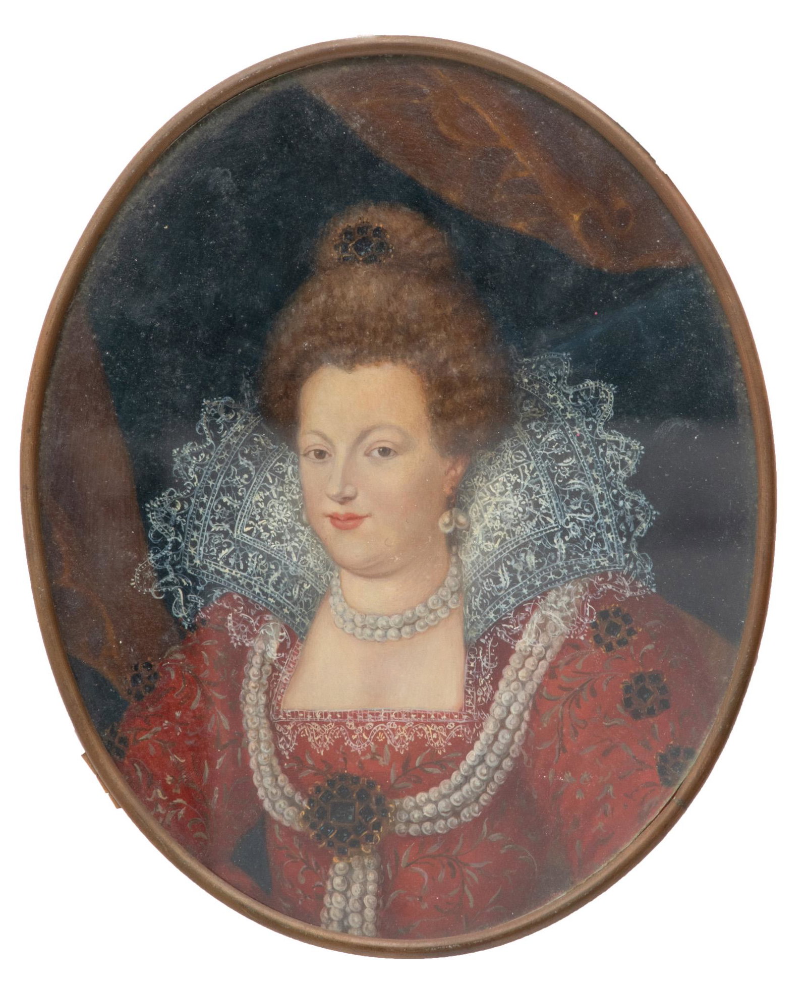 Oil Painting On Copper, Marie De Medici Portrait Miniature H 9.2" W 7.5": Oil Painting On Copper, Marie De Medici Portrait Miniature H 9.2" W 7.5" | Etched signature on verso. Glass front. Marie de Medici shown with triple strand of pearls. Artist: Maria Rossi, Rome. Narrow