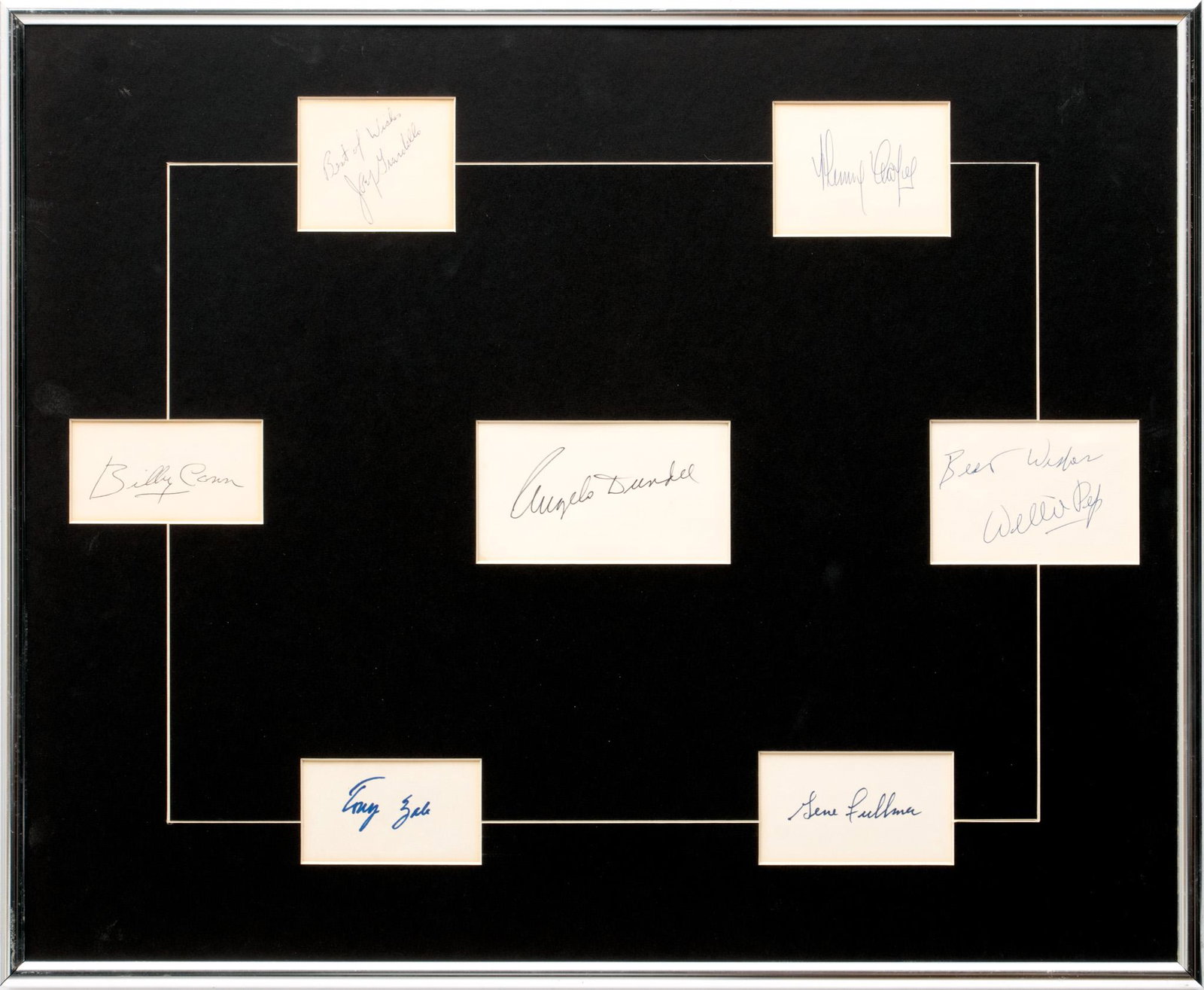 Autographs, H 17" W 21.25": Autographs, H 17" W 21.25" | Including: Joey Giardello, Henry Cooper, Billy Conn, Angelo Dundee, Willie Pep, Tony Zale, and Gene Fulmer.