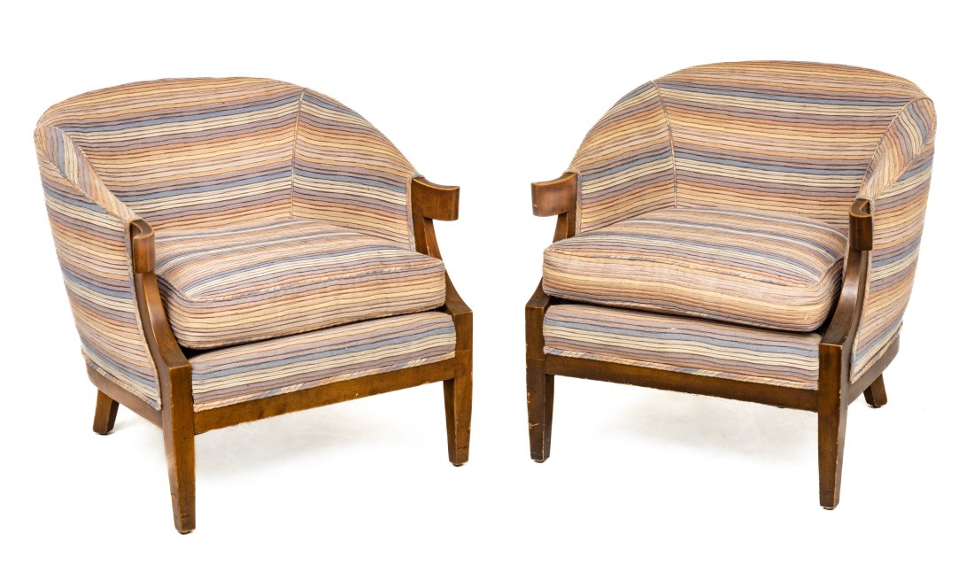 Windsor White & William Millington For Baker Pleated Linen & Walnut Club Chairs, Ca. 1970, H 28" W 2: Windsor White & William Millington For Baker Pleated Linen & Walnut Club Chairs, Ca. 1970, H 28" W 27" Depth 30" 1 Pair | A pair of upholstered walnut club chairs. Each with a post-modern design and m