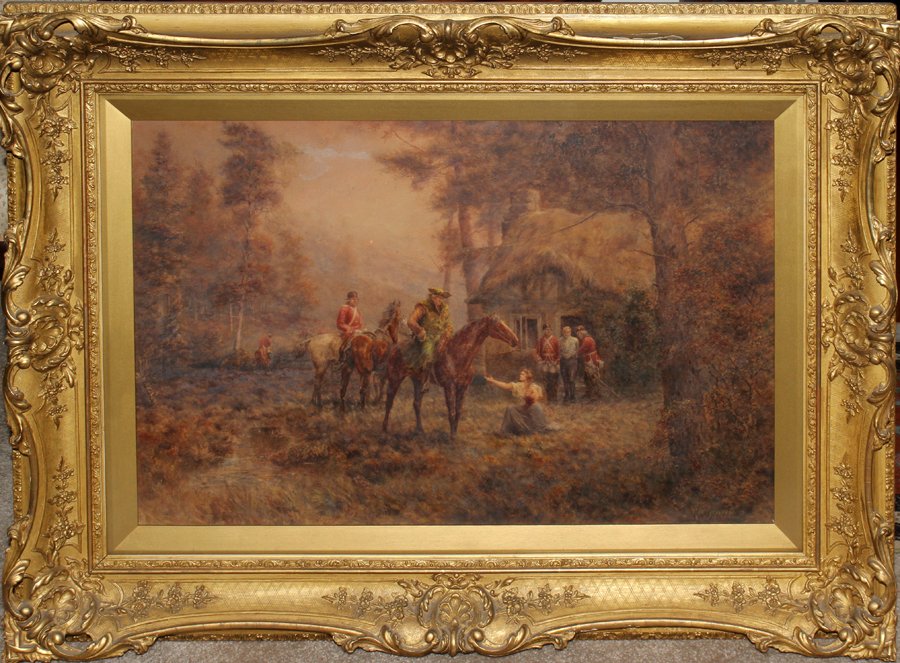 R.W. BROWN WATERCOLOR ON PAPER ON BOARD, 19": R.W. BROWN (BRITISH 19TH C.), WATERCOLOR ON PAPER ON BOARD, 19" X 29", "ARREST OF A JACOBITE":Signed lower right. In carved wood and gesso gilt frame, mounted under glass. Label on verso reads 'R. Ste