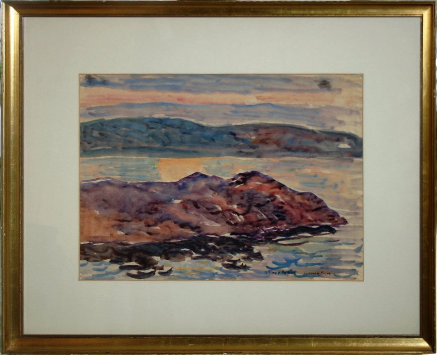 GIFFORD BEAL WATERCOLOR, 10" X 14", SHORELINE: GIFFORD BEAL (AMERICAN 1879-1956), WATERCOLOR, 10" X 14", ROCKY SHORELINE:Personalized 'To Davie Kepper'. Matted and framed under glass. Signed lower left. John Cummings Clark Historical Library label