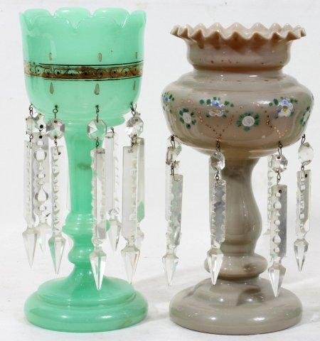 ANTIQUE BRISTOL GLASS LUSTRES, 19TH. C., TWO,: ANTIQUE BRISTOL GLASS LUSTRES, 19TH. C., TWO, H 11":one of green glass with fired gold accents (as is) with eight prisms; second girandole of beige glass with flower accents and seven glass prisms;