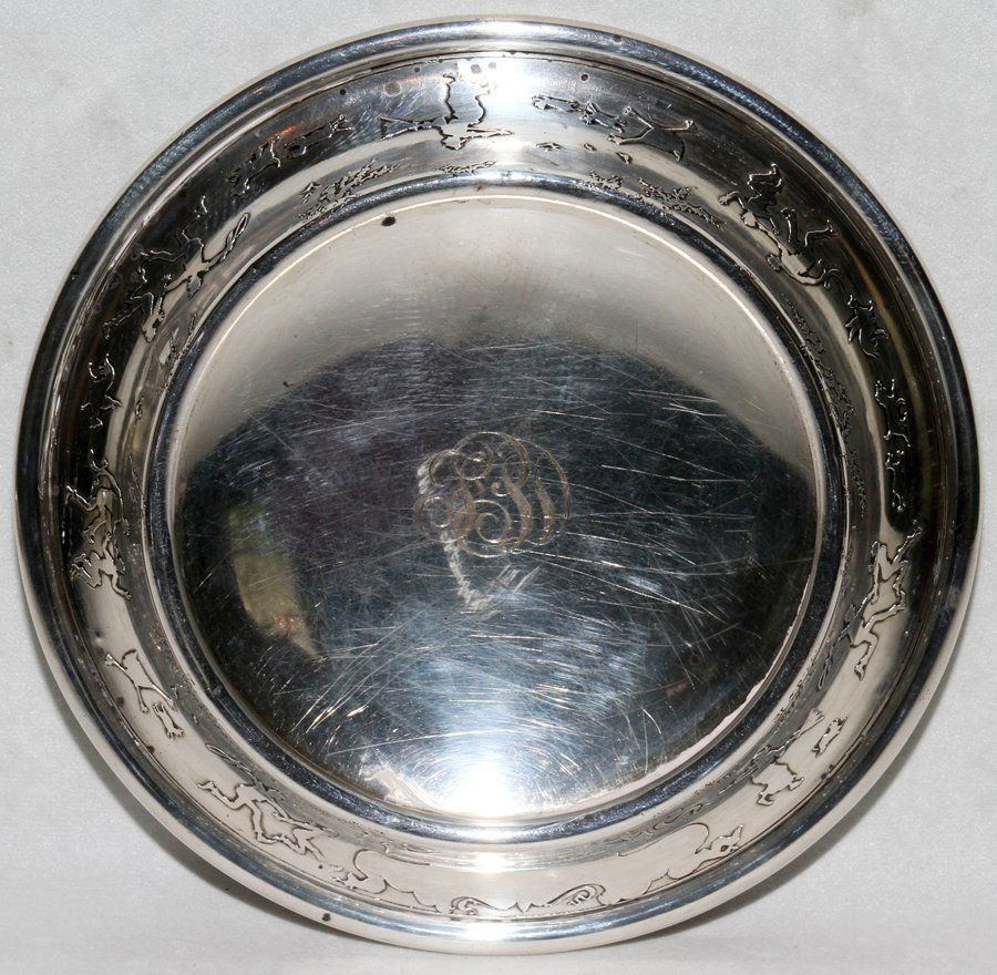 MERIDEN BRITTANIA CO. STERLING & OTHER METALS: MERIDEN BRITTANIA CO. STERLING & OTHER METALS 'ROYAL BABY PLATE', 1905, DIA 8 1/2":"Royal Baby Plate." Engraved three-letter monogram; number 381. From the Estate of Julie Cudlip Whitman, Grosse Point
