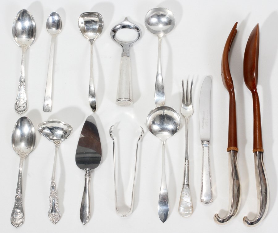 AMERICAN STERLING SERVING UTENSILS, FOURTEEN: AMERICAN STERLING SERVING UTENSILS, FOURTEEN:Including 4 sauce ladles, L.5" to 6", 2 souvenir spoons, 1 pair of tongs, 1 child’s spoon, 1 sterling-handled bottle opener, 1 pickle fork with mother-of