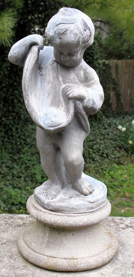 LEAD FIGURAL GARDEN SCULPTURE, H 15", CHERUB: LEAD FIGURAL GARDEN SCULPTURE, H 15", STANDING CHERUB: From the Estate of Julie Cudlip Whitman, Grosse Pointe Farms.