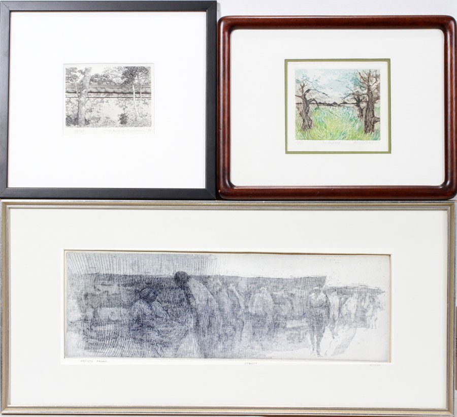 H. ALTMAN, T. RYOHEI, & A. CUTHBERT ETCHINGS: HAROLD ALTMAN, TANAKA RYOHEI, & AMY CUTHBERT ETCHINGS, THREE, 4" X 4" - 16" X 17":Includes Altman's (American, 1924) Artist Proof etching titled "Street", 16" x 17 1/2", Tanaka Ryohei's (Japanese, 193